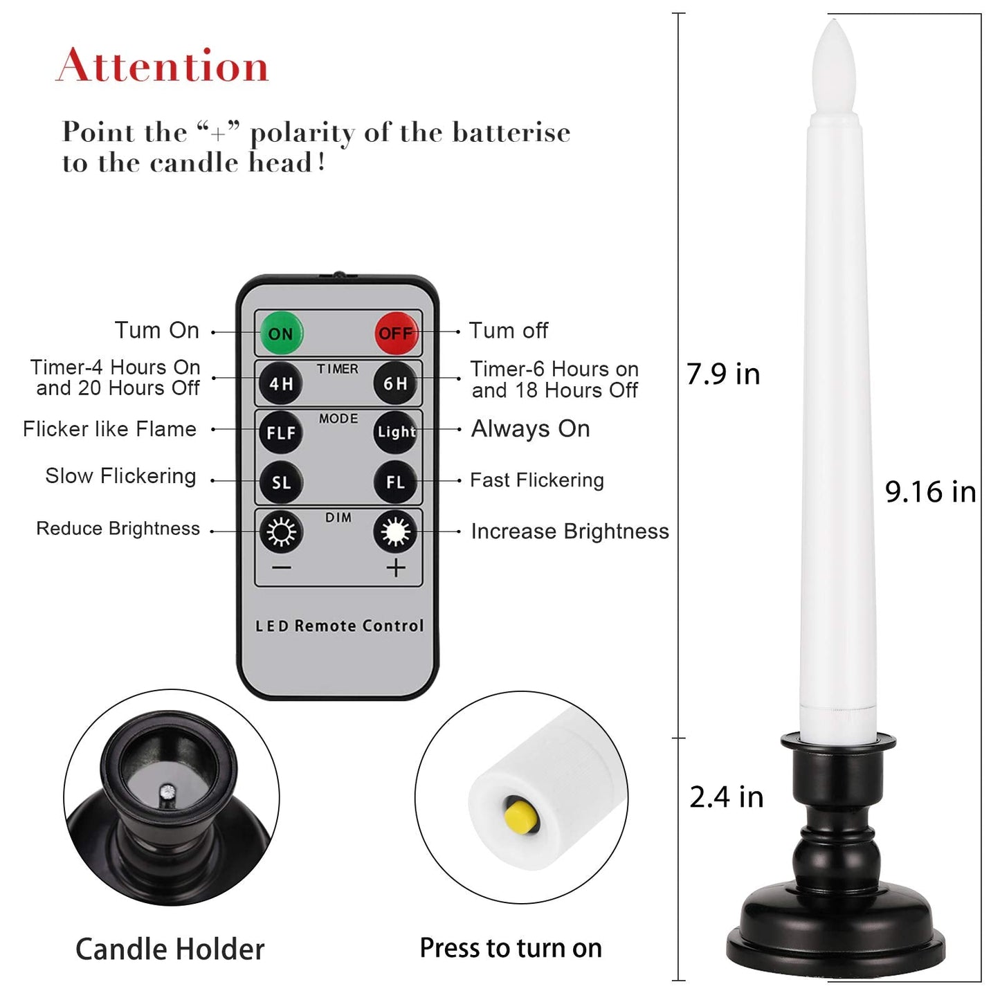 FREEPOWER Set of 6 Flameless Window Taper Candles with 6PCS Black Base, Battery Operated FlickeringTaper Candle with Remote and 4H/6H Timer,for Christmas Home Wedding Decor..
