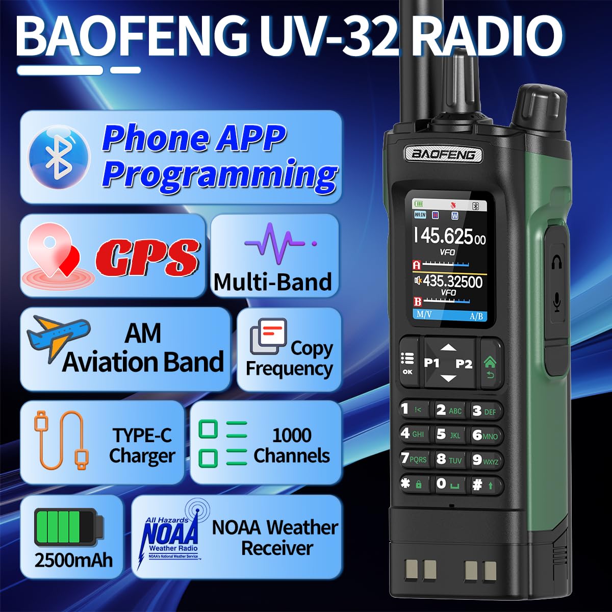 BAOFENG UV-32 Radio Ham Radio Handheld 10W Long Range Rechargeable NOAA Weather Receiver 5RM K5 Tactical Two Way Radio Walkie Talkie for Adults with GPS,USB-C Charging for Hunting Survival Gear,2Pack
