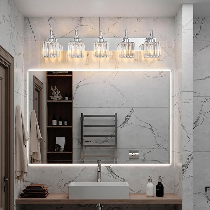 Crystal Vanity Lights Chrome 5 Light Bathroom Light Fixtures Over Mirror Modern Vanity Light for Bathroom