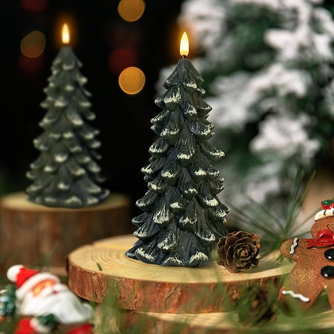 Christmas Tree Shaped Flickering Flameless Candles, Green Real Wax Battery Operated LED Candles with Timer for Christmas Home Party Decoration Christmas Gift Set of 2