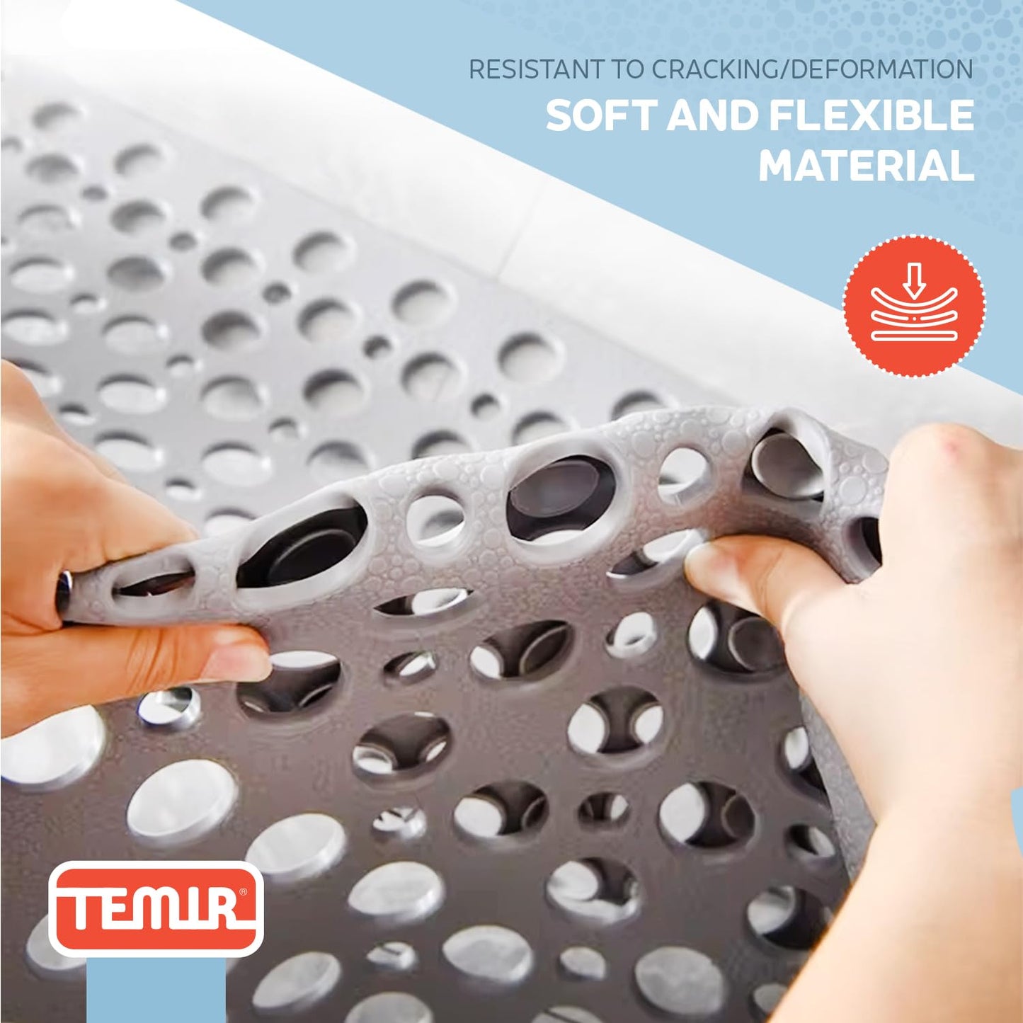 TEMIR Non Slip Bathtub Mat for Shower — Anti Skid Safety Mat with Strong Suction Cups, Quick Drain Holes, Machine Washable, Soft Bathroom Mat for Elderly & Kids, 30x17 in (75x43 cm) Gray