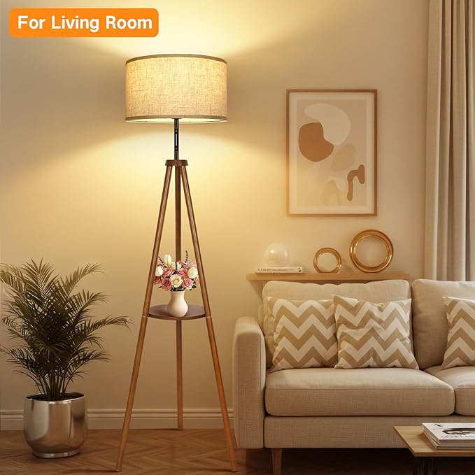 OUTON Wood Tripod Floor Lamp with Shelves, Mid Century LED Modern Dimmable Floor Lamp with Remote & Touch Control, Sturdy Tall Standing Lamp for Living Room, Bedroom, Office, Walnut