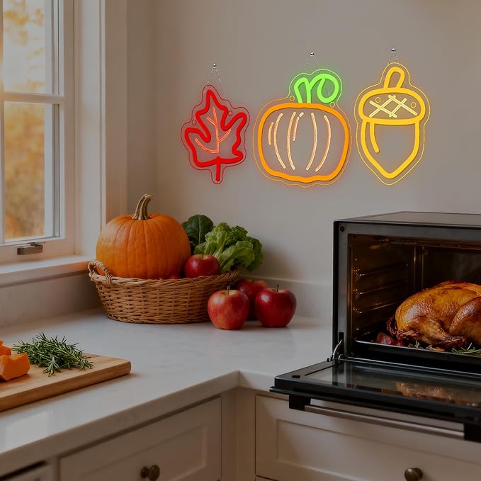 Cute Thanksgiving Harvest Neon Sign Acorn Maple Leaf Pumpkin LED Wall Lights Indoor Thanksgiving Neon Light USB Charged Fall Decor Ideas for Teen Room Men Cave in Fall Fest Party