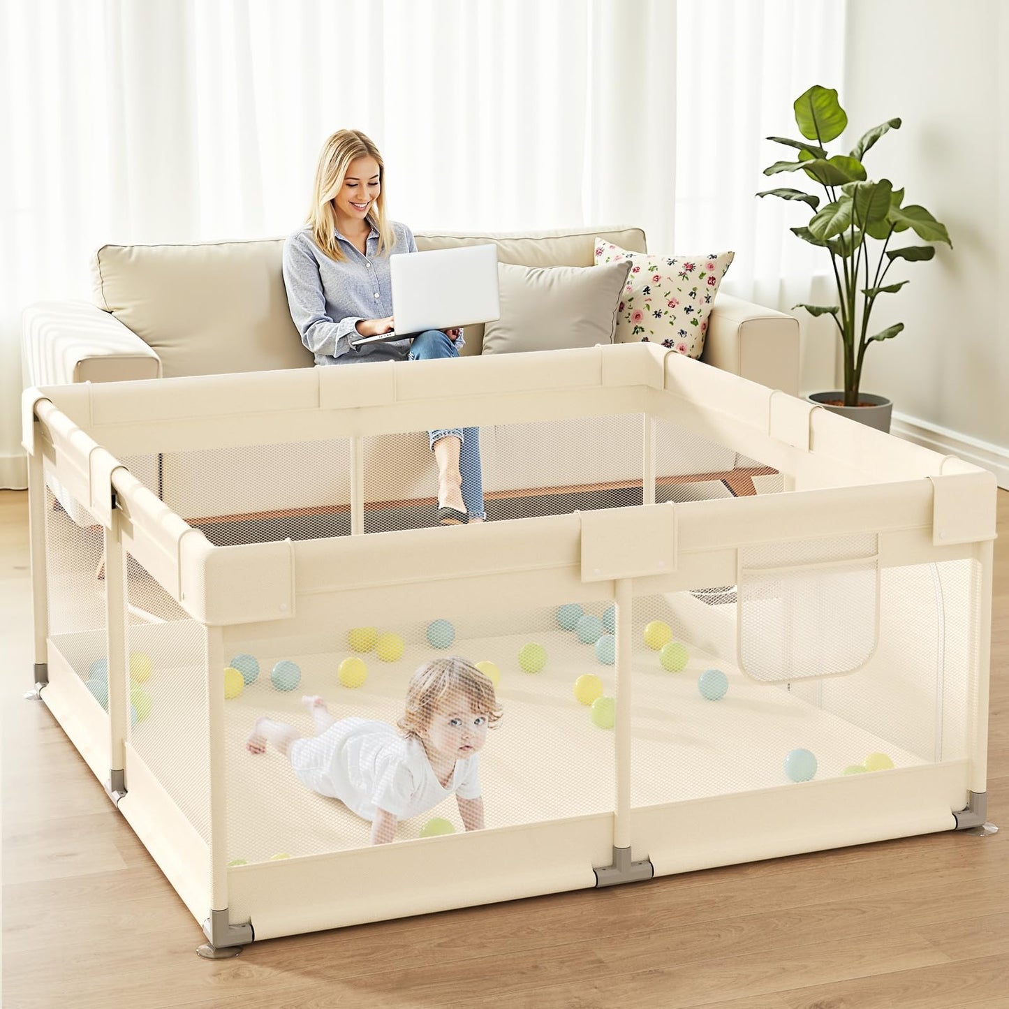 Uanlauo Beige Small Baby Playpen - 47x47in Playpen for Babies and Toddlers, Safe Indoor Play Pen, Baby Pen with Storage Bag and Breathable Mesh
