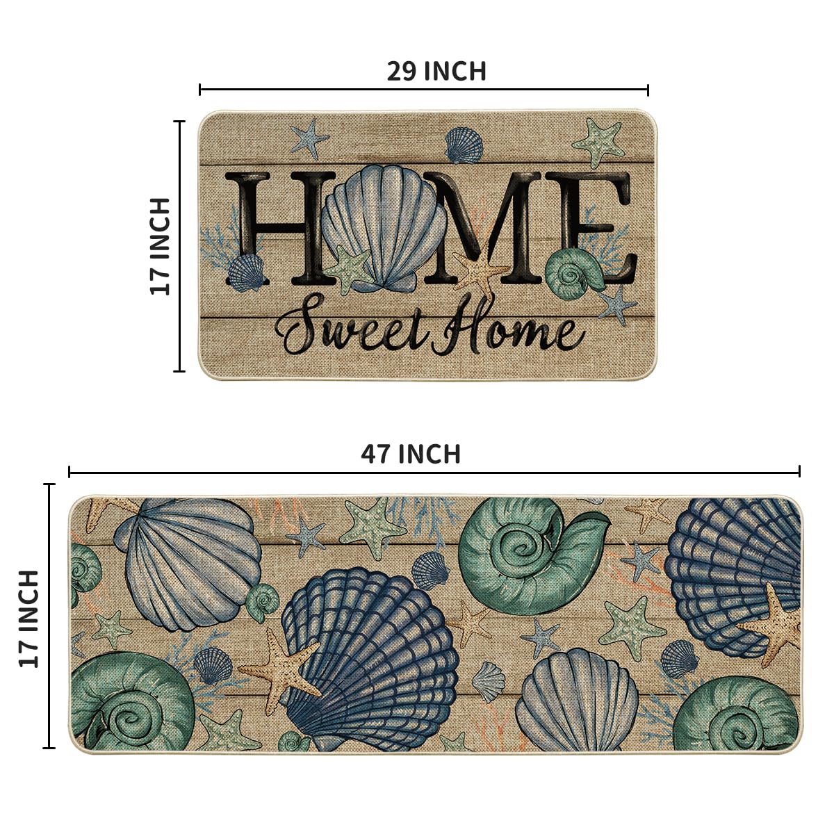 Artoid Mode Blue Conch Starfish Summer Kitchen Mats Set of 2, Seasonal Sweet Home Decor Low-Profile Kitchen Rugs for Floor - 17x29 and 17x47 Inch