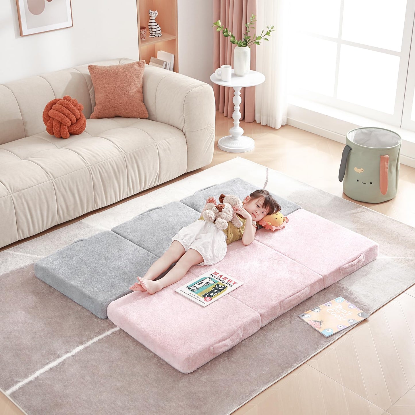 Givjoy Foldable Floor Mattress for Kids, Toddler Washable Tri Folding Floor Nap Mat for Sleeping Daycare, Child Trifold Futon Sofa Bed with Storage Bag for Playroom, Bedroom, Girls and Boys