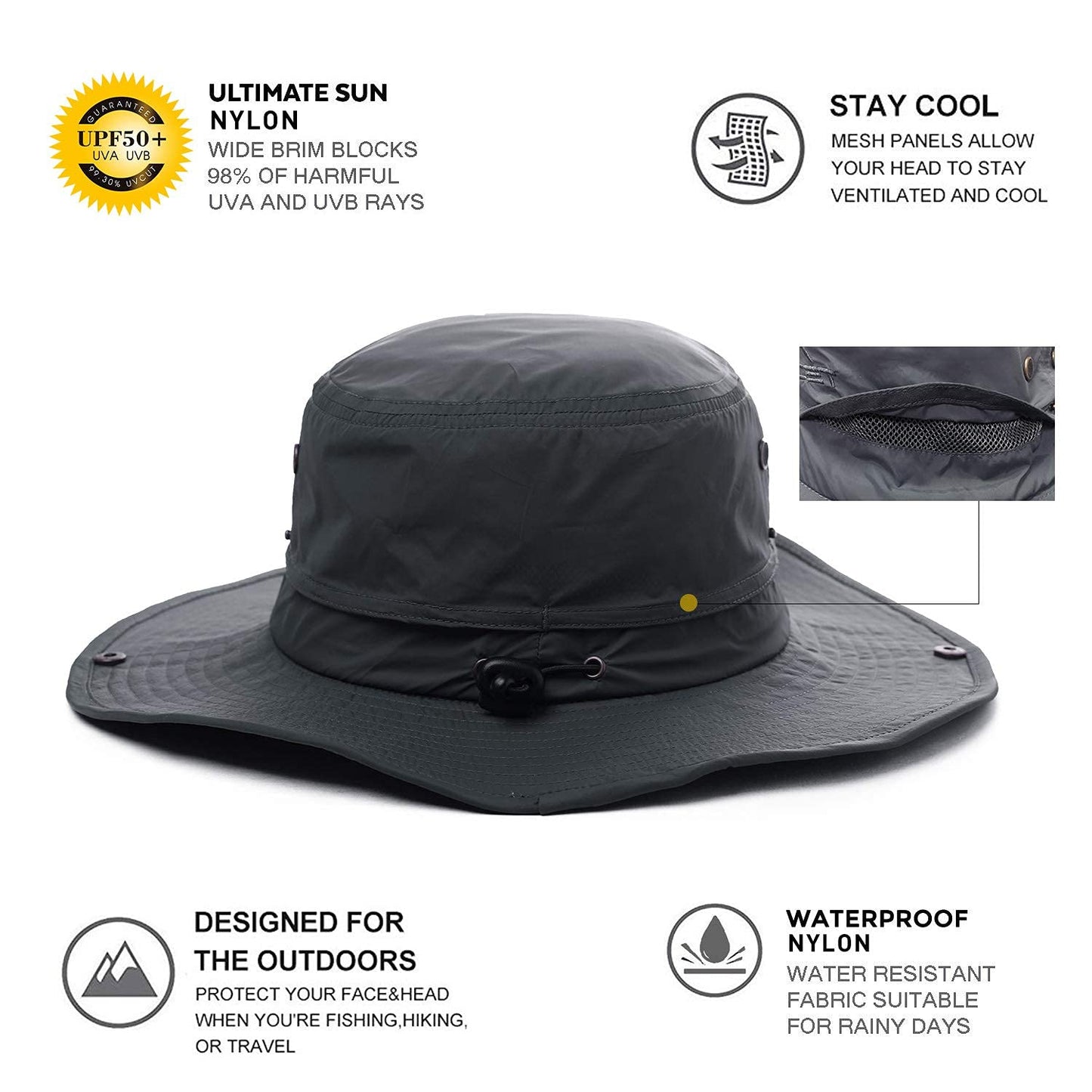 Comhats UPF 50 Sun Hats Wide Brim Summer Safari Hat Fishing Hiking Boonie Hats for Men Chin Strap Waterproof Black Medium Large