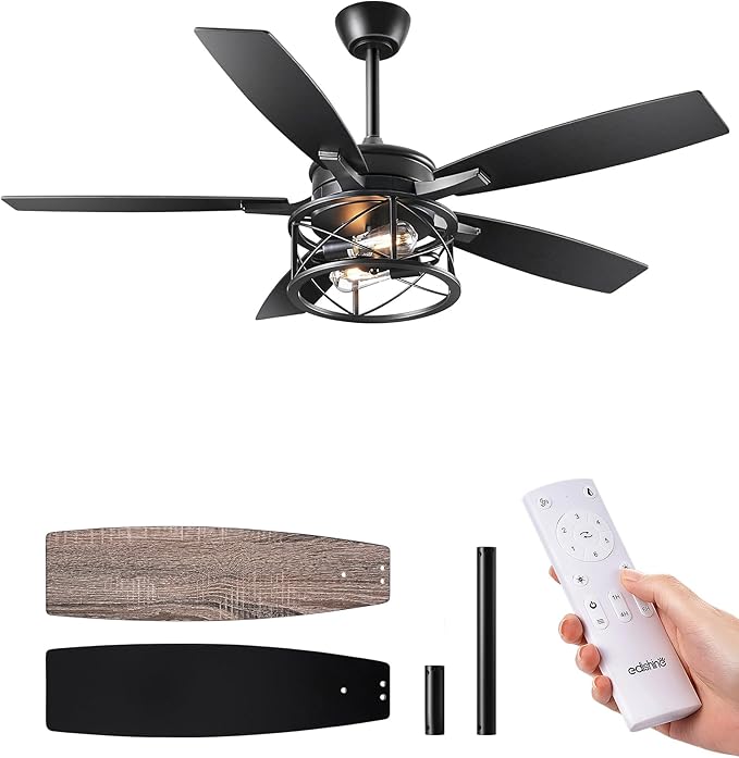 EDISHINE 42“ Black Farmhouse Ceiling Fans with Lights, Remote Control, Dimmable, 6 Speeds, 5 Wood Blades, DC Reversible Motor, Timer, Noiseless, Small Rustic Fan for Bedroom Living Room Kids Room