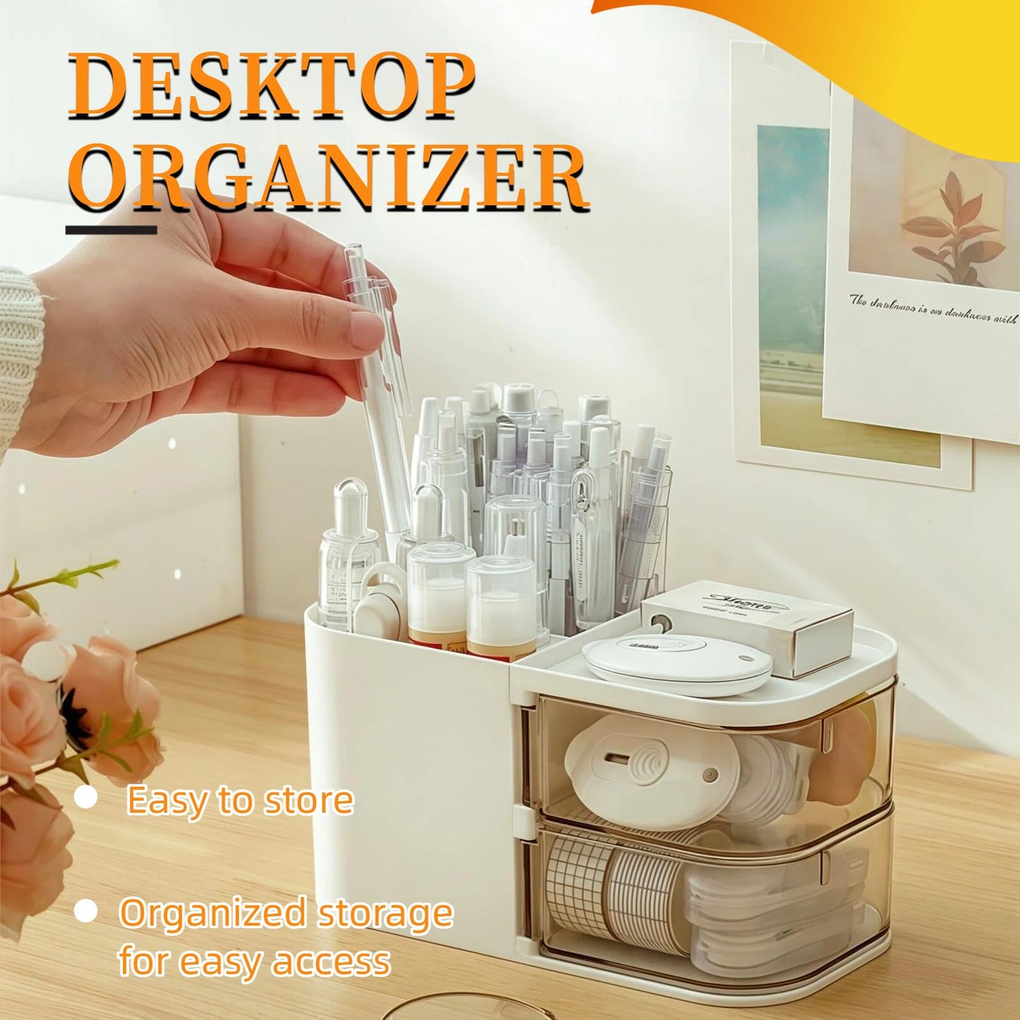 SHUTKMVCW Desk Organizer with 3 Compartments and 2 Drawers, Multi-Functional Pencil Holder for Desk Organizers and Accessories for School, Home, Office Supplies, 6.89" x3.54" x 3.62''