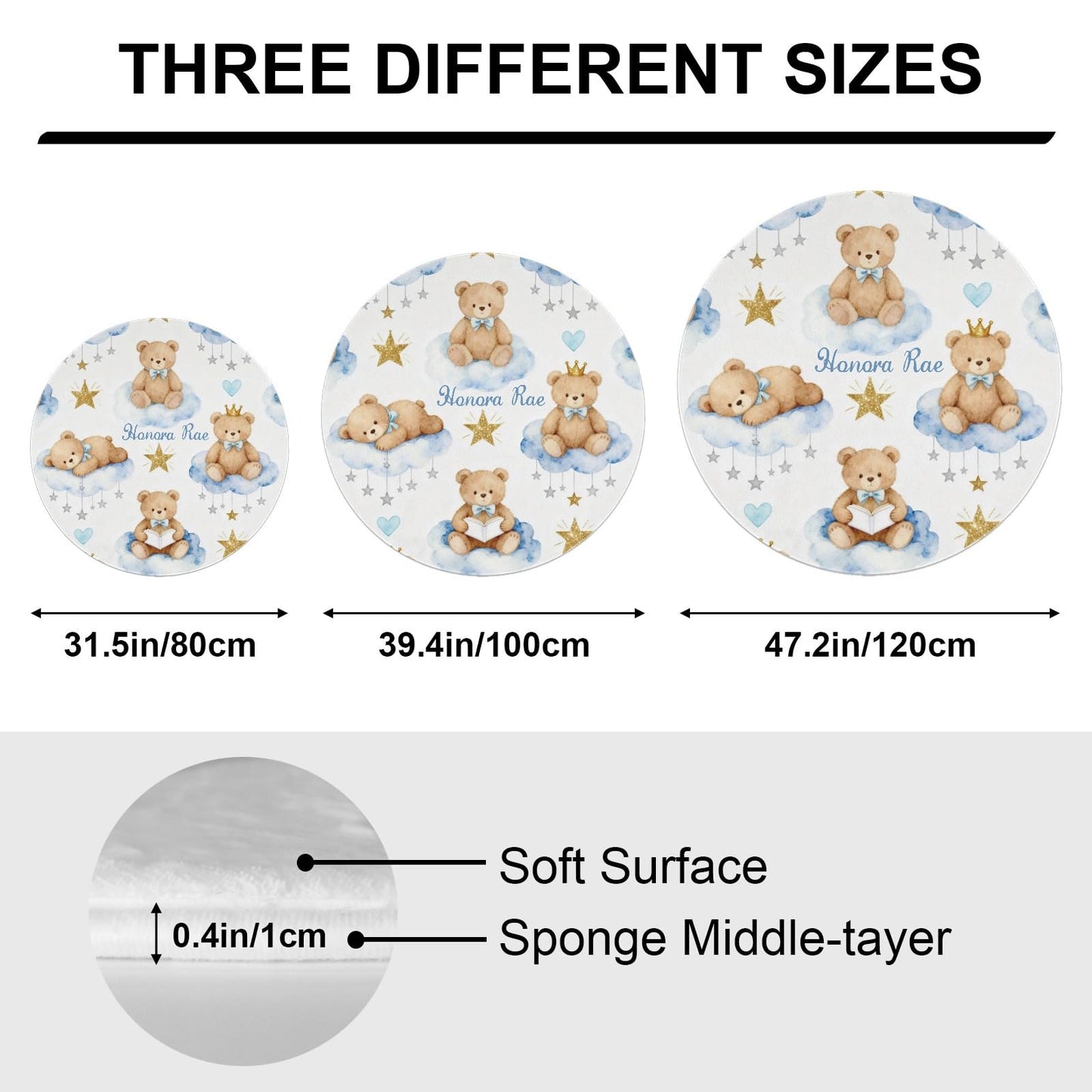Joyestore Personalized Wise Bears Moon Clouds Stars Custom Round Area Rug Baby Crawling Floor Mats Gifts for Boys Girls Babies with Names Nursery Bedroom Living Room Decor