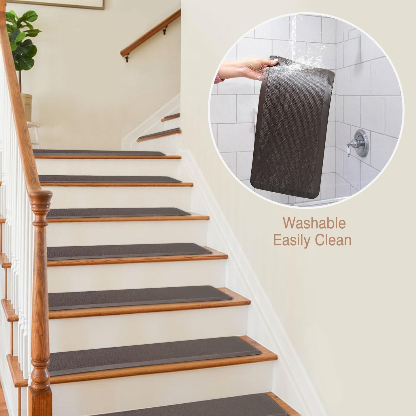 PURE ERA Cushioned Stair Mat, 8 x 30 Inch Non-Slip Stair Treads, Staircase Step Treads Foam Stair Pads, Tape Free Durable Stair Treads for Wooden Steps Washable, Easy to Clean (6 Pieces, Brown)