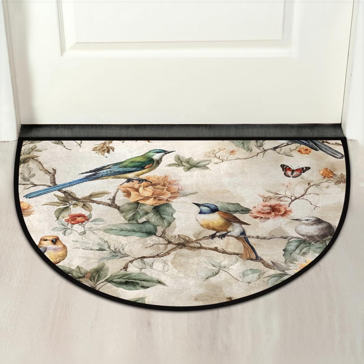 Myfsucce Retro Bird Flower Half Round Rug Door Mat Non Slip Entryway Rug 24" x 36", Welcome Mat for Indoor Front Door Semi Circle Floor Mats for Home Kitchen