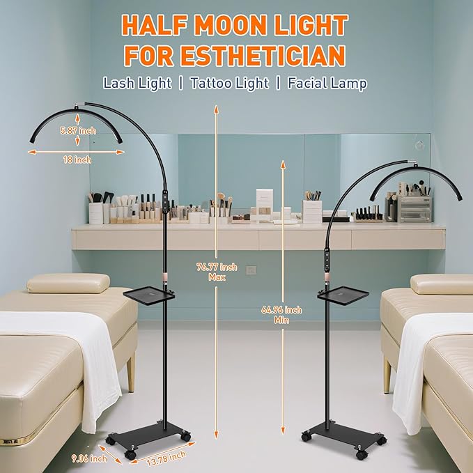 KIRKAS Lash Light Half Moon Lamp with Tool Tray, Flexible Gooseneck Lash Nail Tech for Esthetician Eyelash Extension, Tattoo, 18 Inch LED Floor Lamp with Roller Base Adjustable Brightness Color-Black