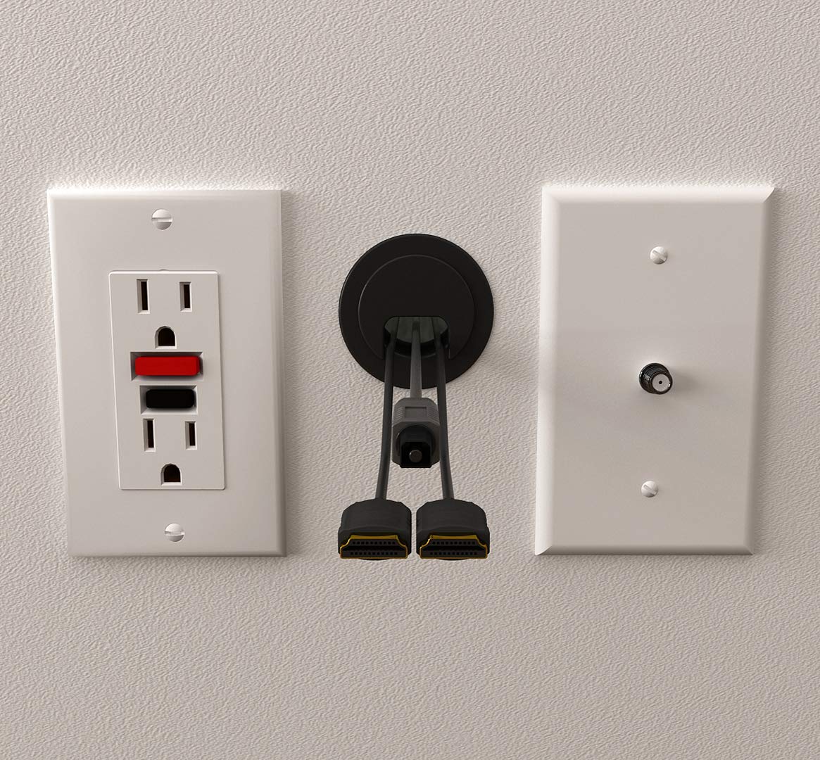 2PK Black Patented: Only Cable, Wire, Cord Management, Tool-Free Self-Securing/Locking Grommet with Cap Slider, for Walls, Ceilings, Desks - Used for All Surfaces 3/8" to 1" Thick, Made in USA