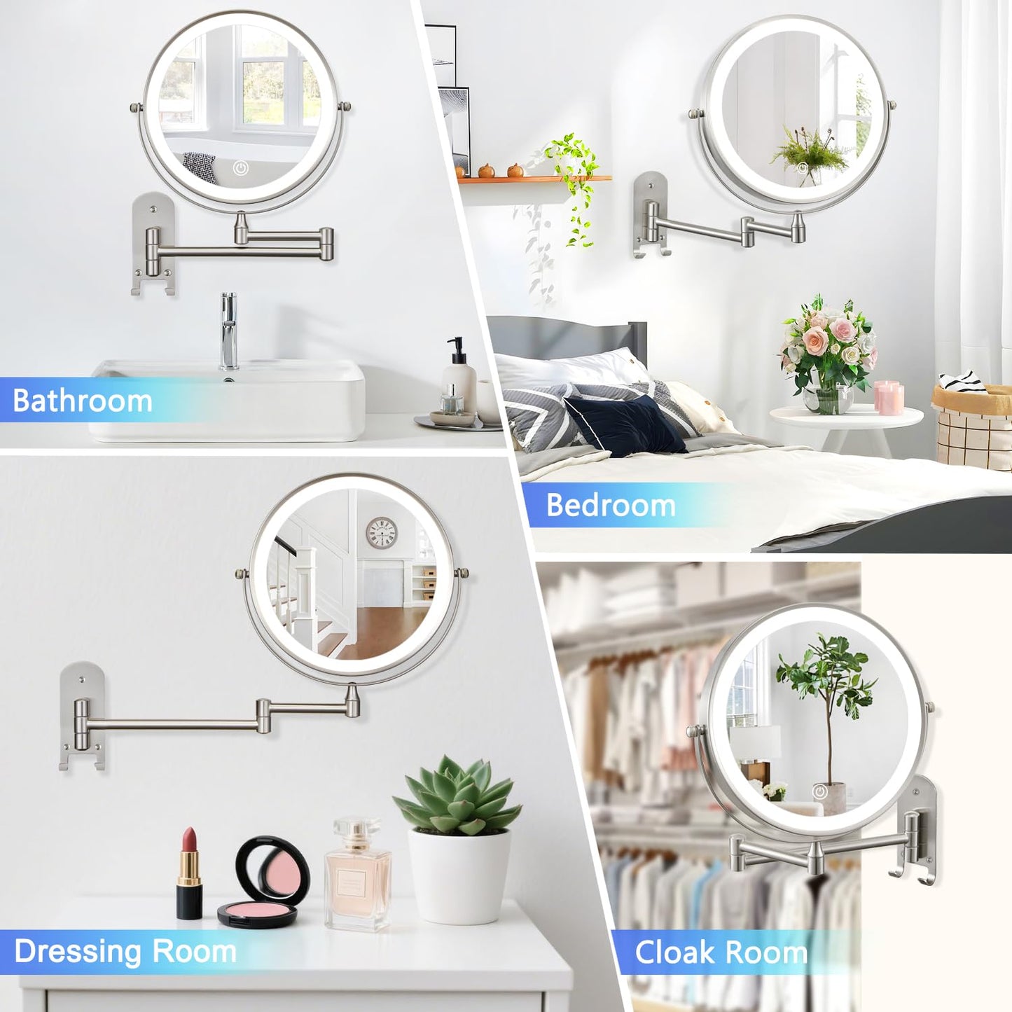 ALHAKIN 9" Wall Mounted Lighted Makeup Mirror, Large Rechargeable 1X/10X Magnifying Mirror with 3 Color Lights Dimmable, 360° Rotation, Nickel
