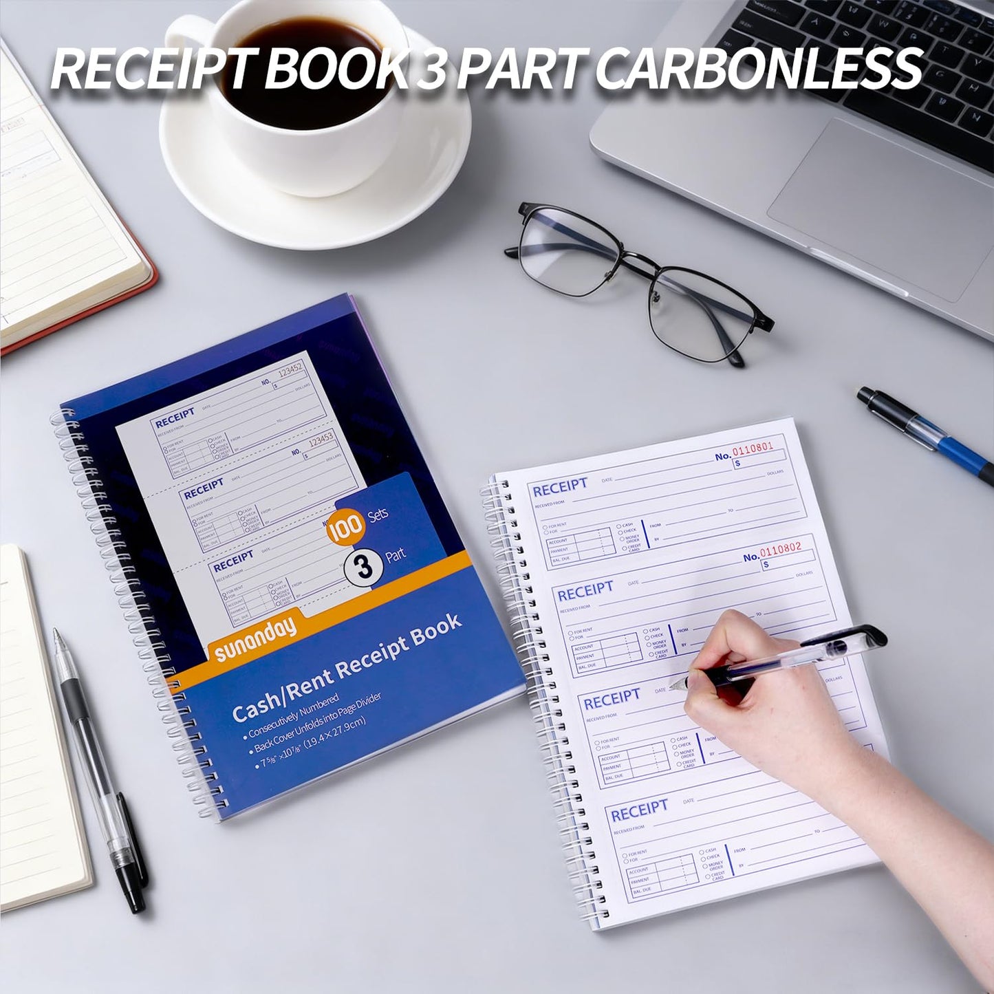 6 Pack Large Money and Rent Receipt Books with Cardboard Insert,7-5/8" x 10-7/8" Spiral Bound,3 Part Carbonless,100 Sets per Book,4 Receipts Per Page for Rent and Cash Transaction