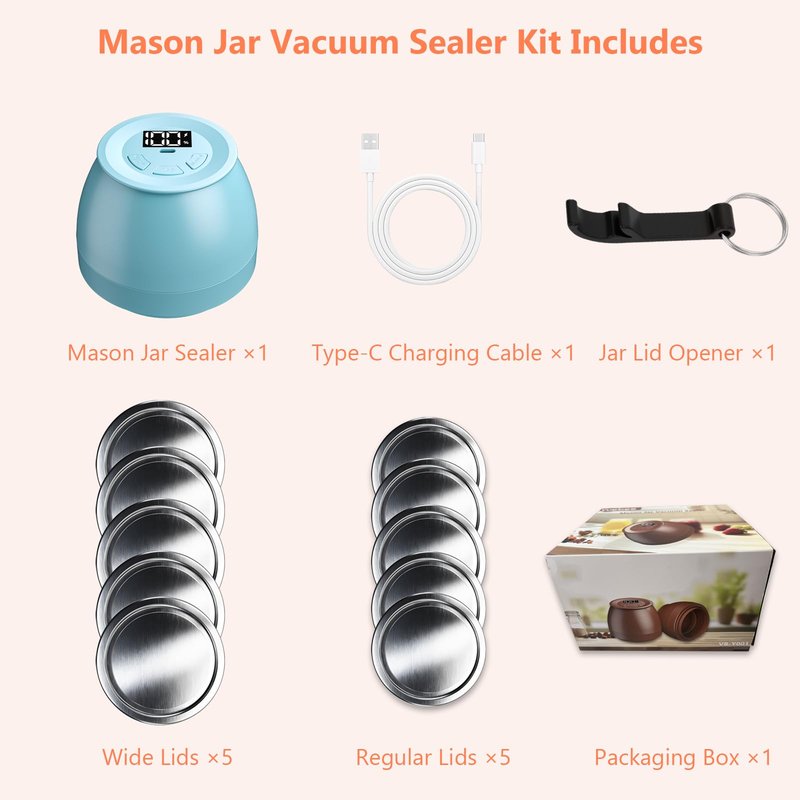Zivif Electric Mason Jar Vacuum Sealer, Rechargeable Vacuum Sealing Kit for Wide & Regular Mouth Mason Jars, Automatic Jar Sealer for Canning and Food Storage, Includes Lids & Accessories, Blue