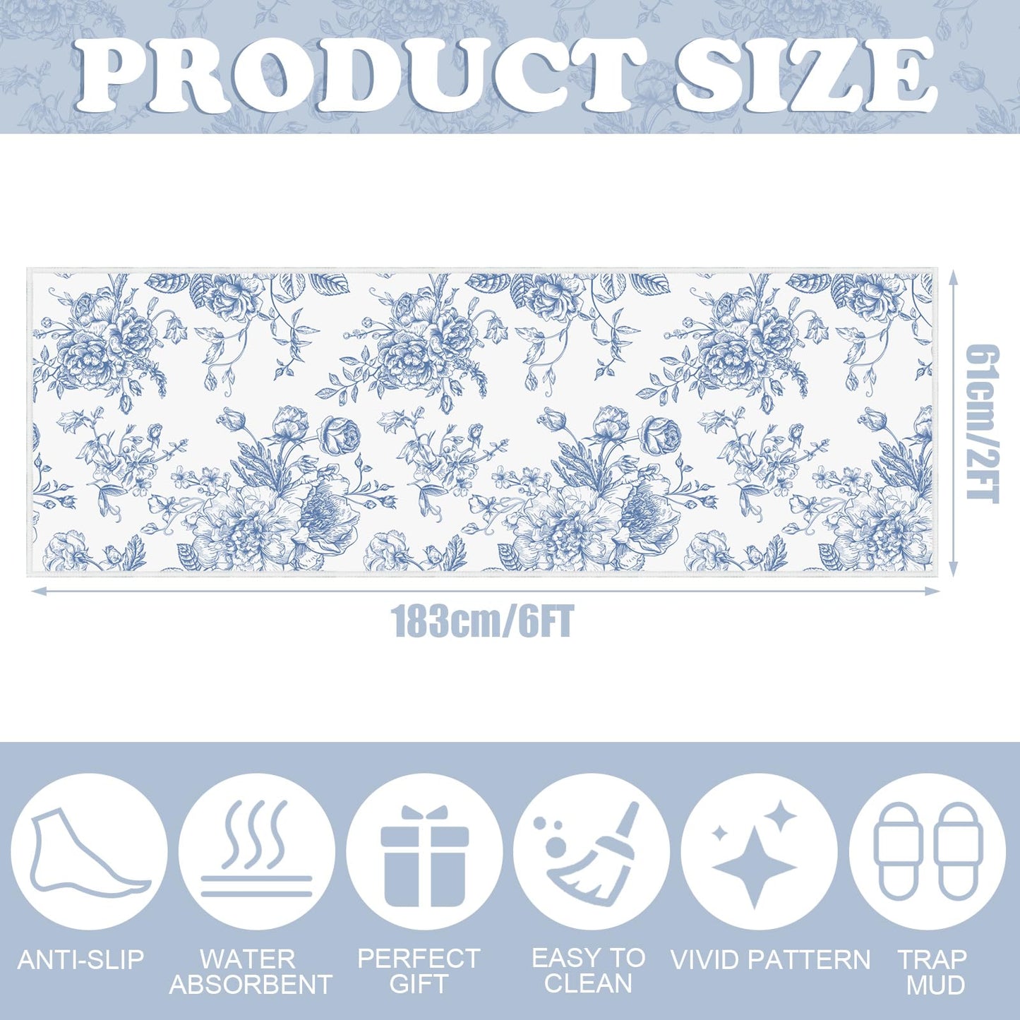 Drydiet Blur Floral Runner Rug 2 x 6 ft Large Something Blue Before I Do Soft Washable Rug with Non Slip, Low Pile Stain Resistance Carpet for Entryway Hallway Kitchen Laundry Living Room