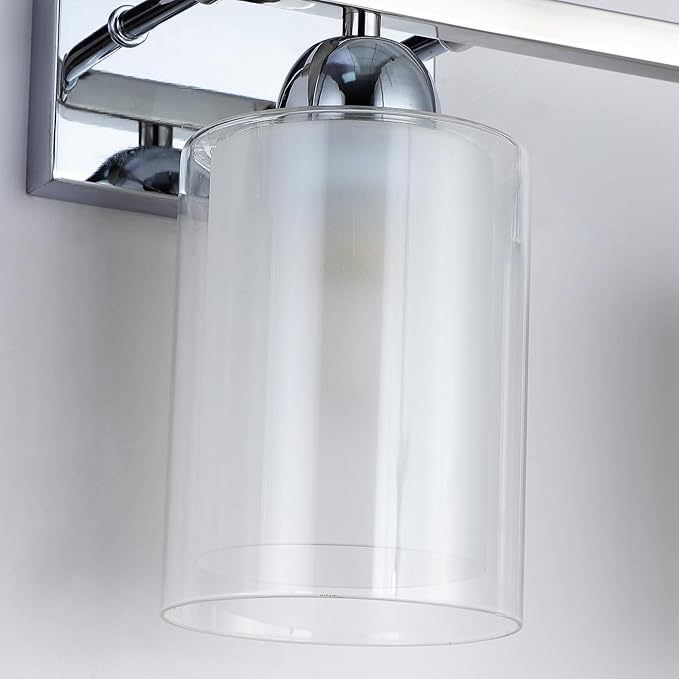 Stainless Steel Bathroom Vanity Light Over Mirror, 3 Light Polished Chrome Bathroom Light Fixtures with Milk Glass and Clear Glass Shades, Modern Vanity Lighting Wall Mount