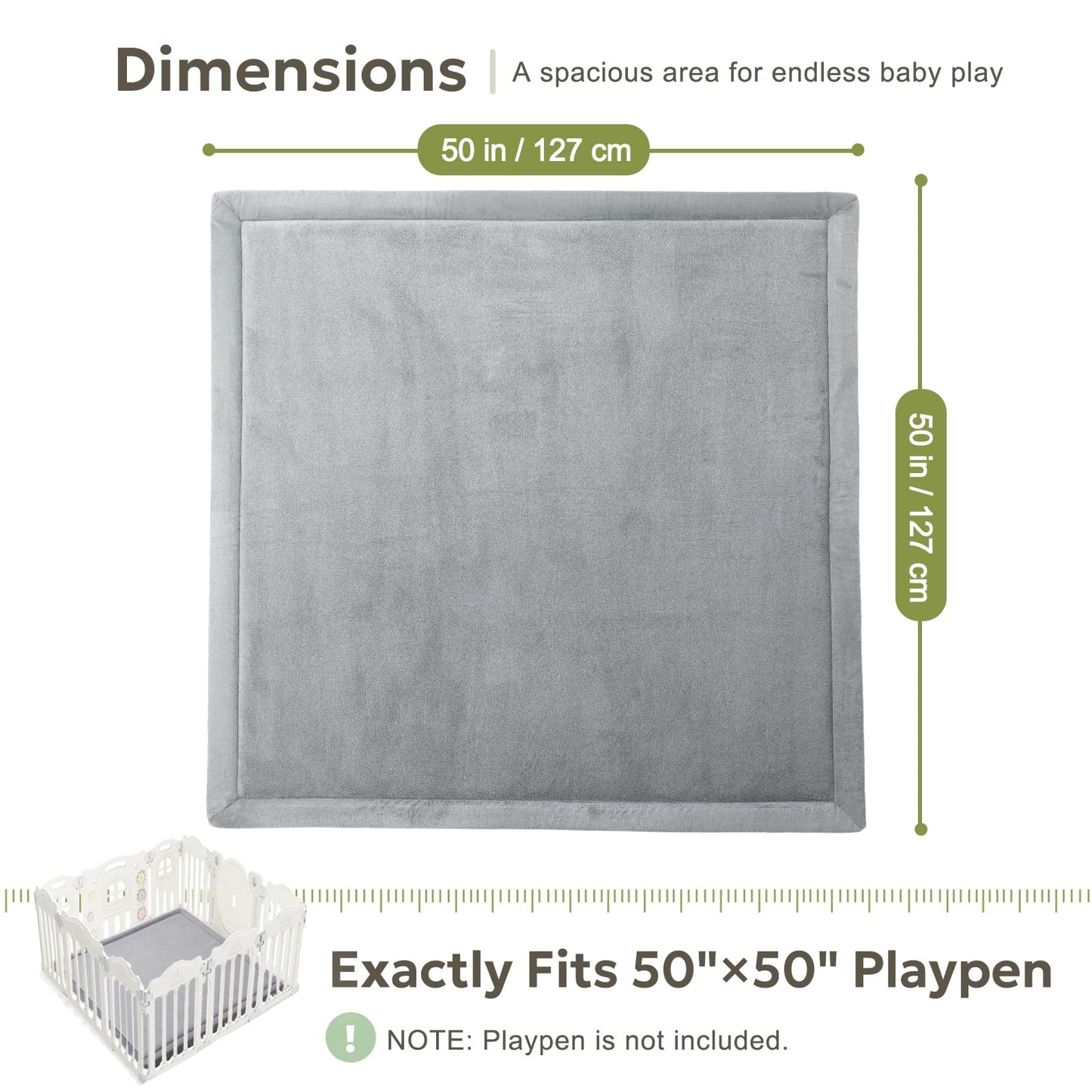 Mallify Ultra Soft 1.3" Thick Baby Play Mat for Floor, Large Velvet 50"x50" Playpen Mat for Babies, Toddlers, Infants, Kids, Baby-Safe & Non-Slip for Tummy Time and Crawling, Gray