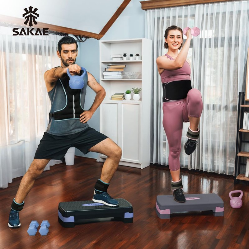 Step Aerobics Platform Set with Weighted Vest & Measuring Tape, Aerobic Steppers for Exercise at Home, Adjustable Height 2 Level Risers Workout Stepper with Non-Slip Surface, Pink Grey