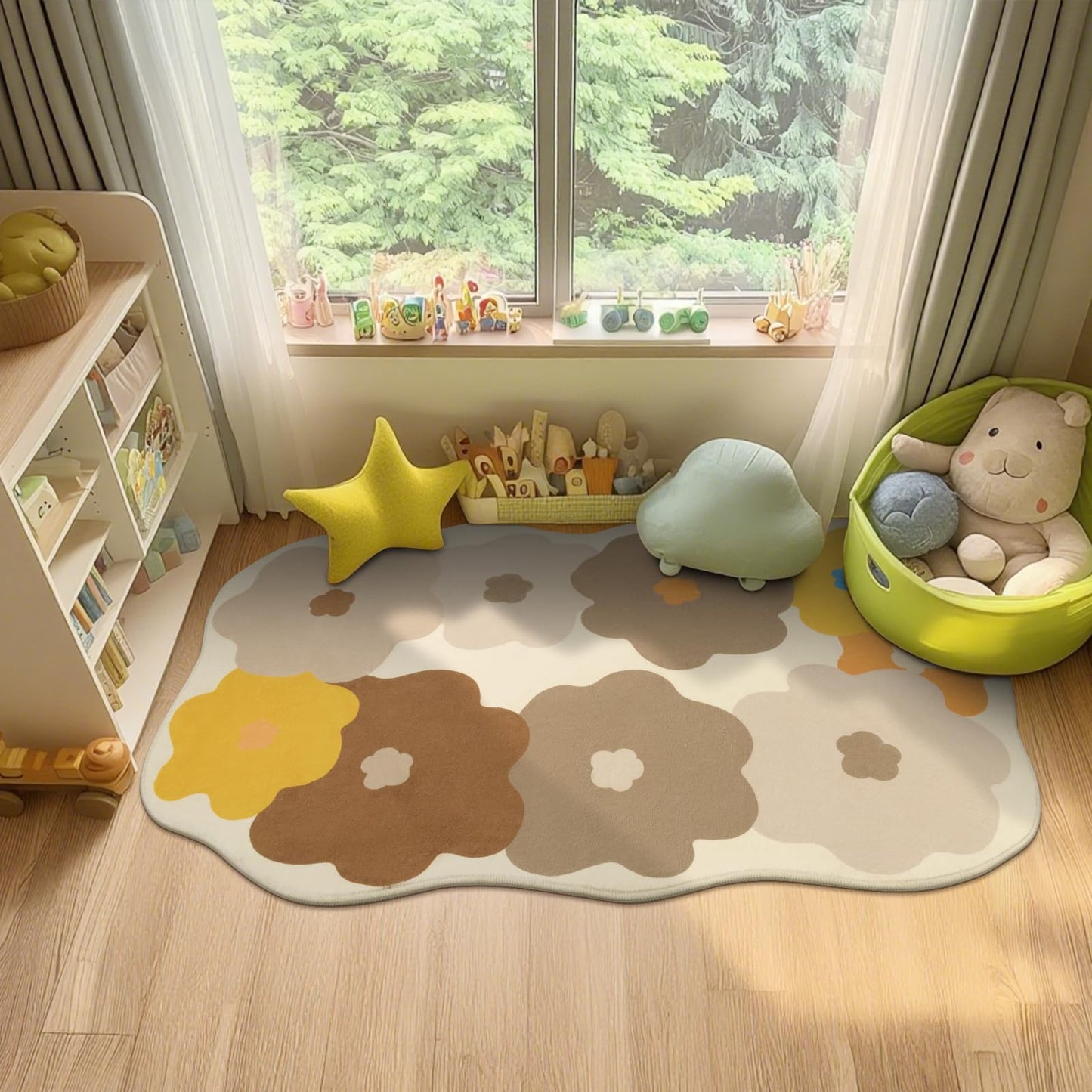 Floral Cute Rug 3x5 Irregular Scalloped Rug Beige Flower Shaped Indoor Mat Bedroom Floor Carpet Non Slip Washable Area Rug for Kids Room Playroom Living Room Entryway