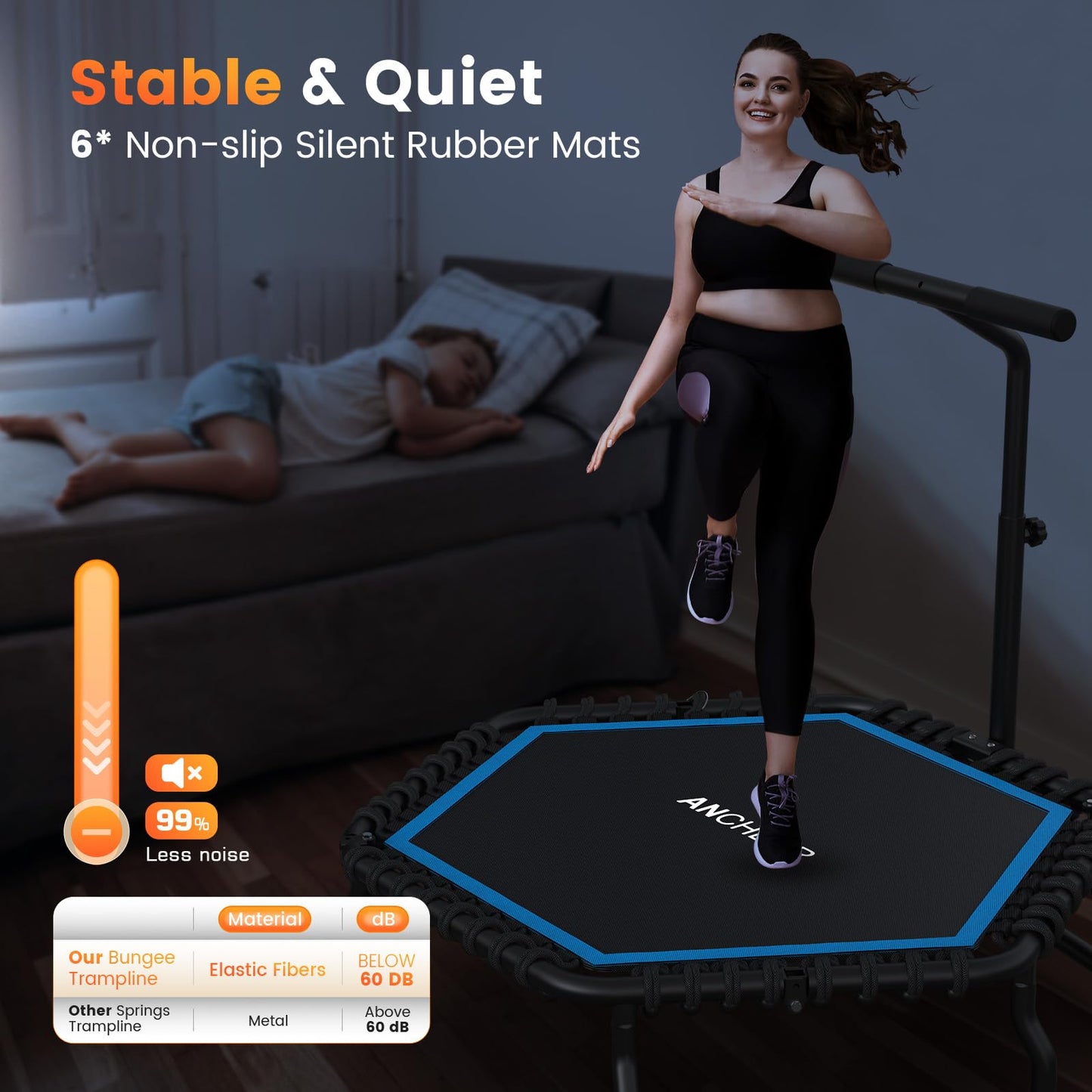 ANCHEER 50" Rebounder Trampoline for Adults- 2026 Foldable Mini Trampoline with Bar- Exercise Trampoline for Adults, Max Load 560lbs, for Indoor/Garden Workout