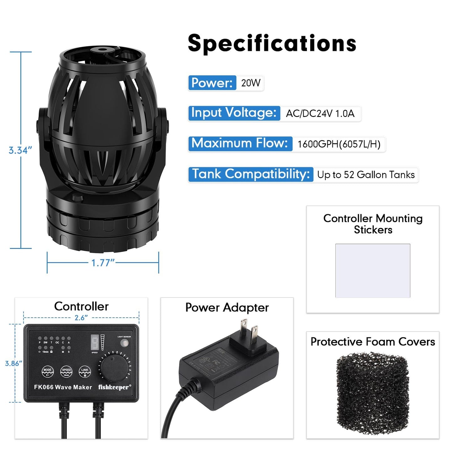 fishkeeper Aquarium Wave Maker, 1600GPH Adjustable Submersible Aquarium Powerhead with Magnetic Suction Base for 15-90 Gallon Tank Circulation Pump for Saltwater Freshwater