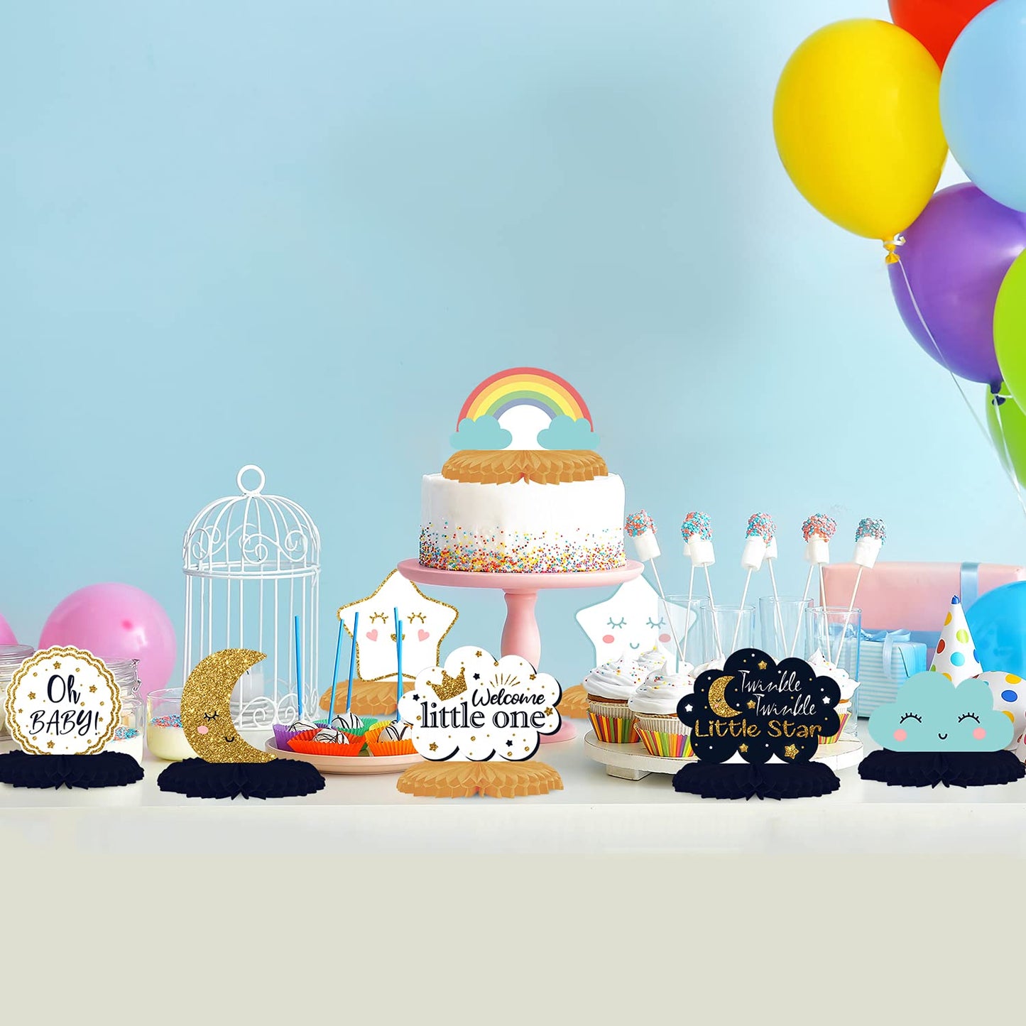 LINGTEER Twinkle Twinkle Little Star Table Honeycomb Stand Centerpieces - Cheers to Baby Shower First Birthday Welcome Little One Party Table Decorations Sign - Boy.