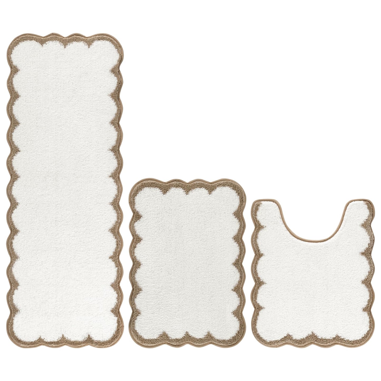 Pauwer Bathroom Rug Sets 3 Piece, Scalloped Bath Rugs, Beige and Khaki