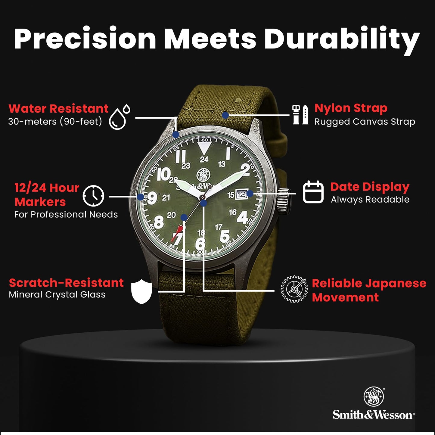 Smith & Wesson Men's Military Watch, 3 Interchangeable Canvas Straps, 3 ATM Water Resistant, Date Display, Scratch Resistant Glass, Military Style Watch for Outdoor Activities, Swimming, 40 mm