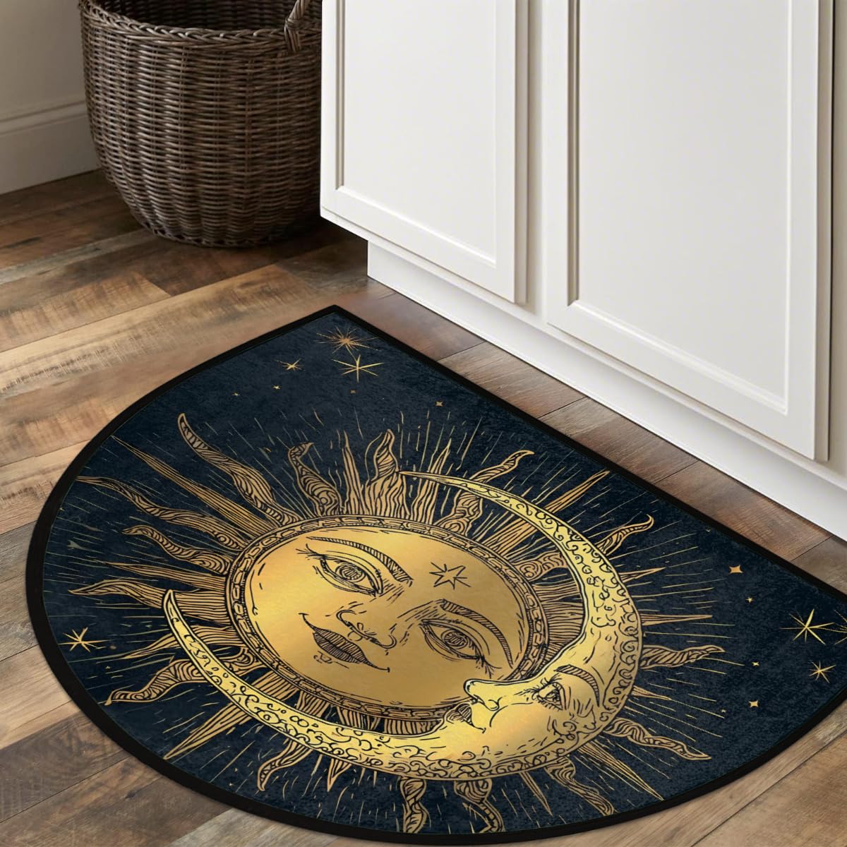 Half Round Rugs Ancient Antique Sun Moon Star Semicircular Indoor Door Mat Entryway Welcome Mat Non-Slip Half Round Low Profile Door Mat for Patio High Traffic Areas