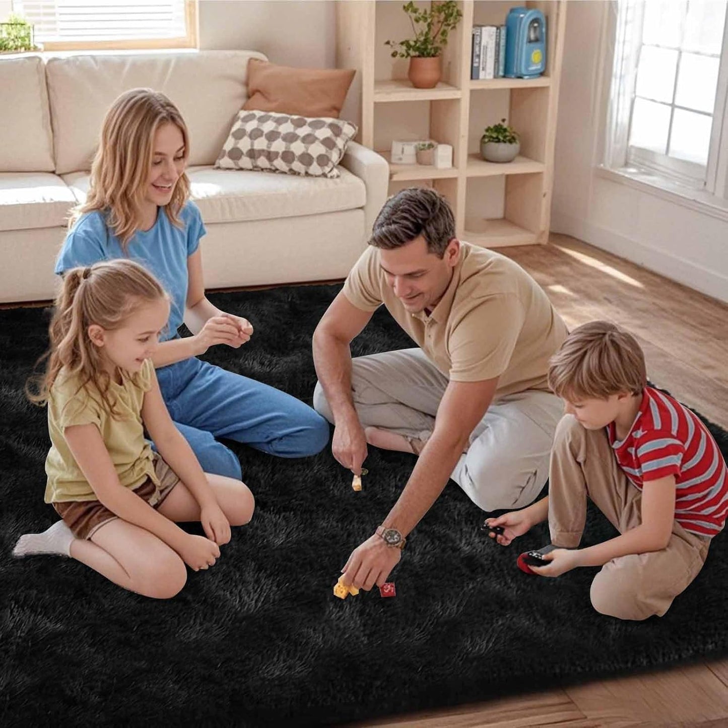 FinRèc Soft Black Area Rugs for Bedroom Living Room, 4x6 Feet Modern Indoor Fluffy Shaggy Rug, Non-Slip Fuzzy Furry Rug for Nursery Kids Room Dorm Room Home Decor, High Pile Plush Floor Carpet