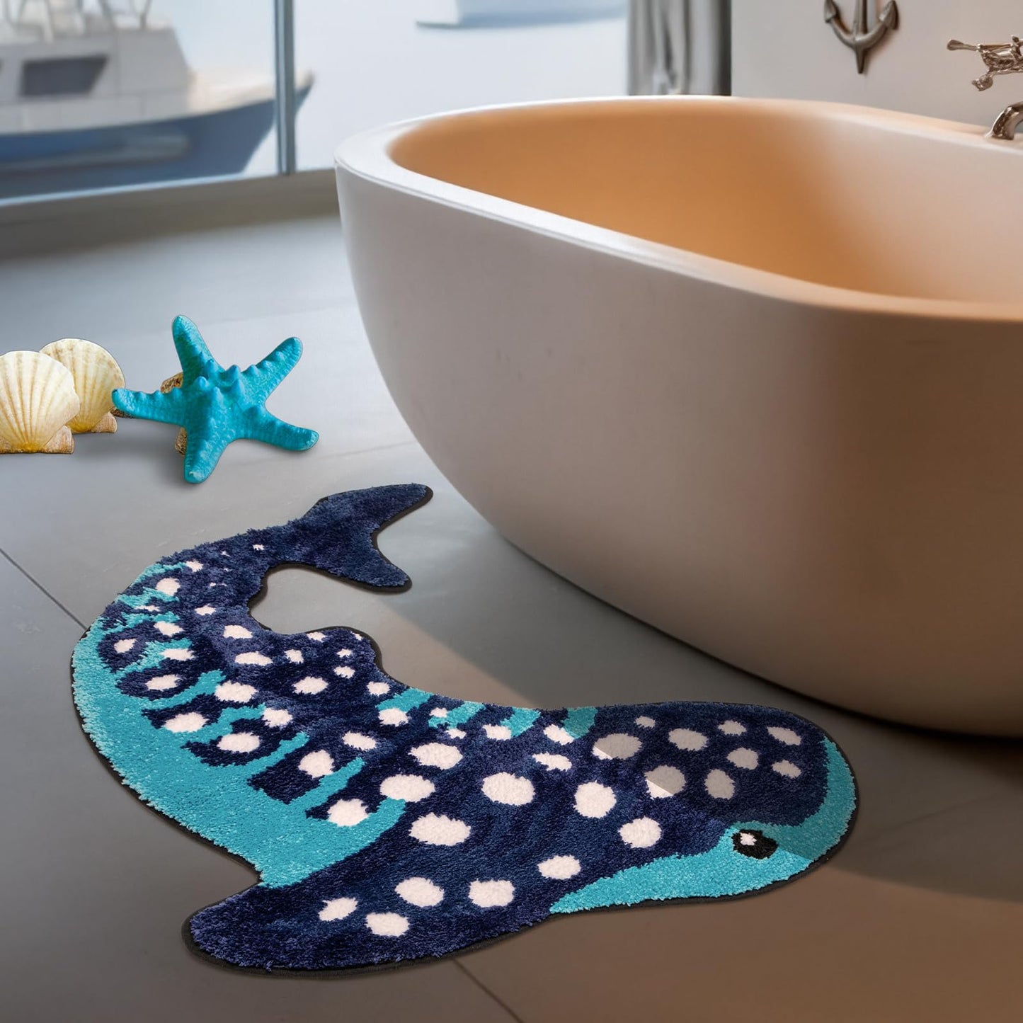 Percozzi Whale Shark Bathroom Rug 35"*28", Handmade Funny Tufted Ocean Animal Bath Mat with Non-Slip TPR Backing Beach Soft Plush Absorbent Blue Whale Shark Bath for Coastal & Marine Lovers