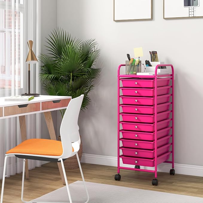 COSTWAY 10-Drawer Rolling Storage Cart, Utility Mobile Trolley with Removable Drawers & Universal Casters & 2 Brakes, Versatile Flexible Drawer Organizer Cart for Home, Office, Hot Pink