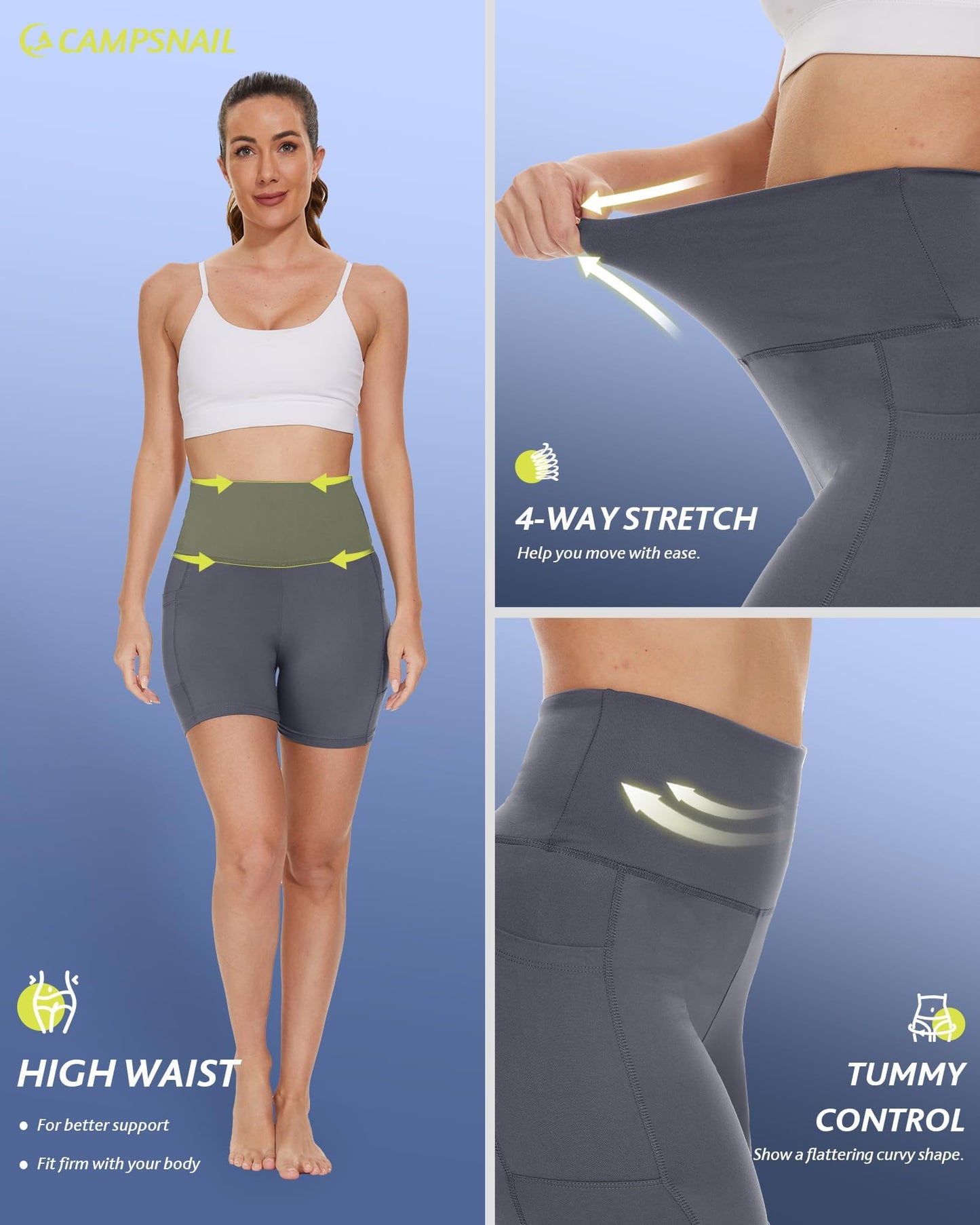 CAMPSNAIL Biker Shorts Women with Pockets - 3"/5"/8" High Waisted Workout Spandex Tummy Control Gym Running Yoga Shorts Dark Grey