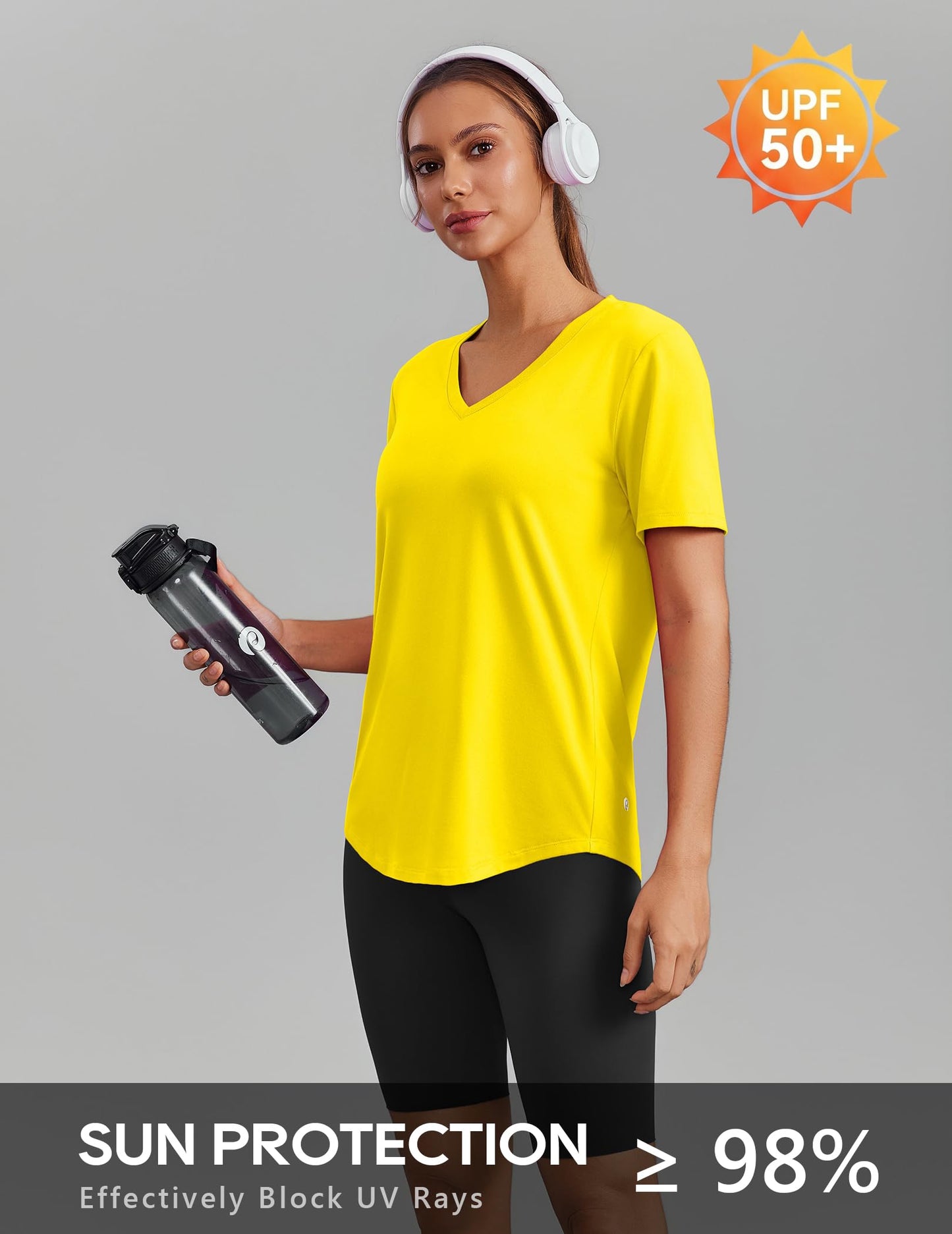 PINSPARK Womens Hiking Shirts Short Sleeve V Neck UPF 50 Sun Protection Moisture Wicking Quick Dry Outdoor Athletic Tops,Yellow Large