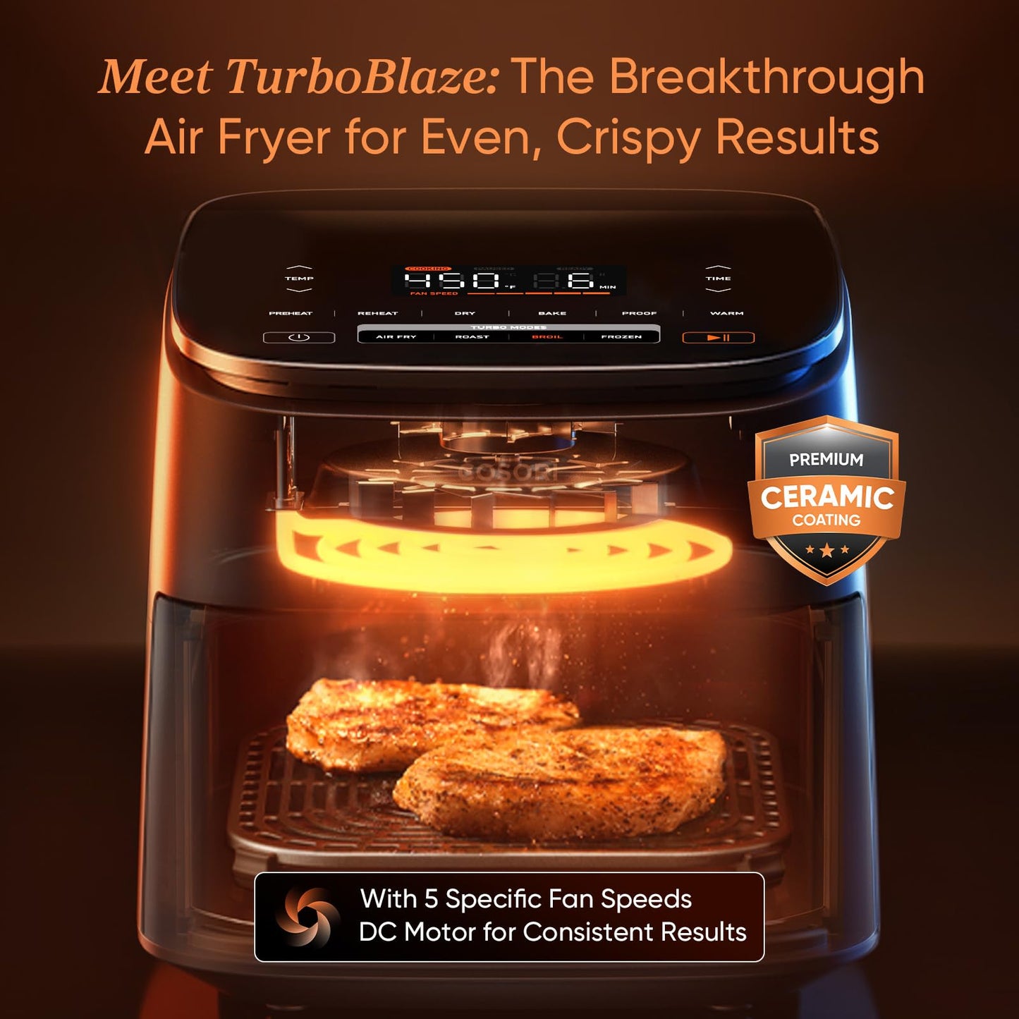 COSORI Air Fryer 9-in-1, Compact & Large 6-Qt, Premium Ceramic Coating, 90โ450ยฐF Precise Heat for Even Results, Up to 95% Less Oil*, Roast, Bake, Dry, Reheat, Frozen, Broil, Proof, 120V, TurboBlaze