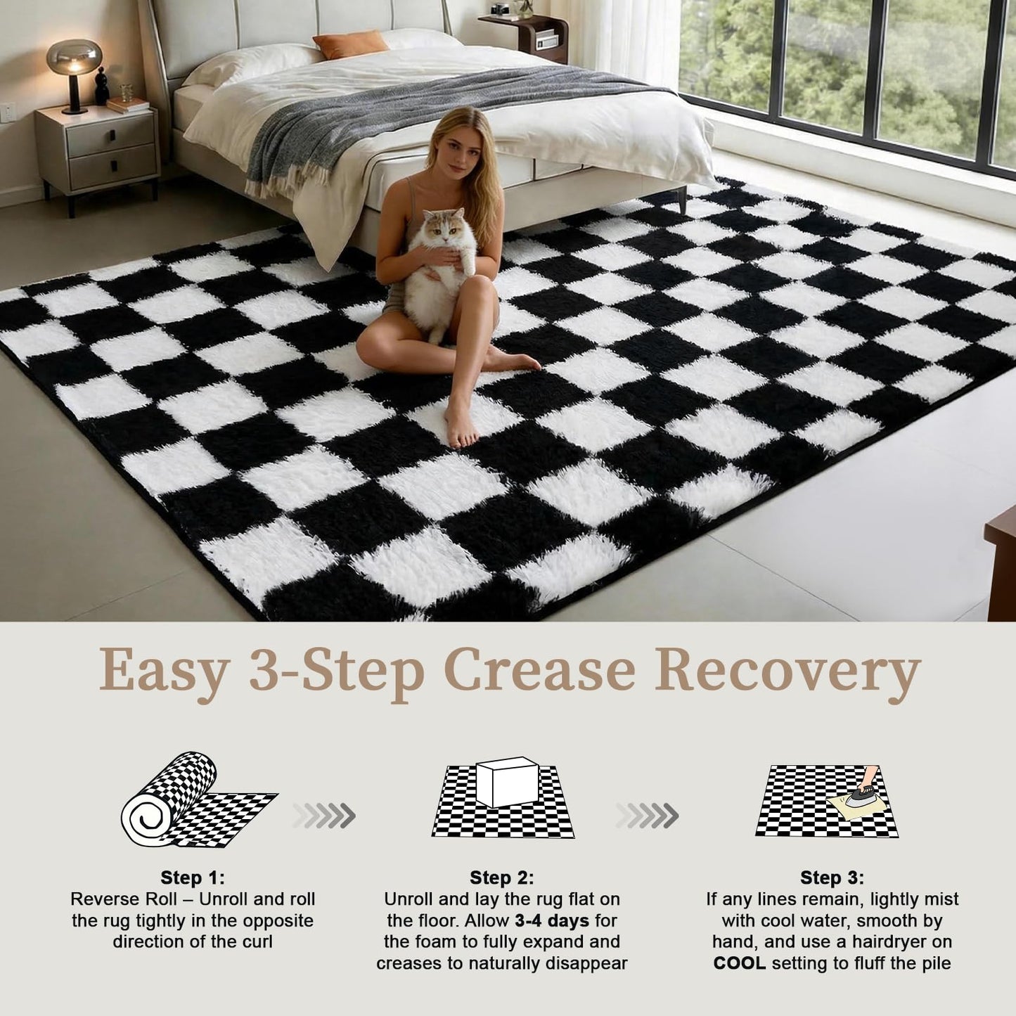 ThreadGlobe Checkered Shag Area Rug 8'x10', Black and White Plush Rug for Living Room, Non-Slip Soft Carpet for Bedroom Nursery, Modern Floor Decor with Grid Pattern, 8x10
