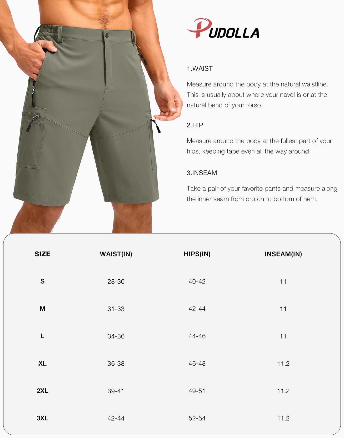 Pudolla Men's Hiking Shorts 11" Lightweight Cargo Work Shorts for Men Summer Travel Golf Casual Outdoor with 5 Pockets(Grey Sage Small)