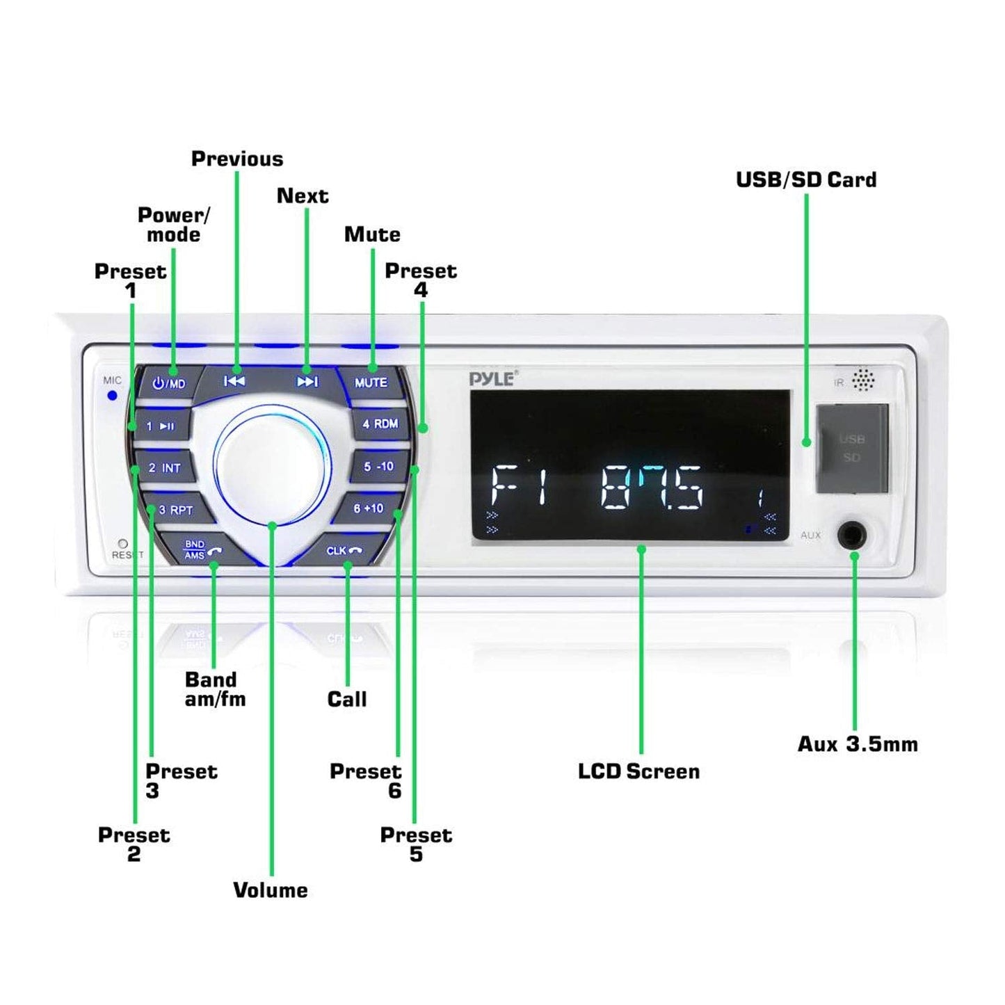 Pyle Bluetooth Marine Stereo Receiver - 12V Single DIN Boat In-Dash Radio with Digital LCD - RCA - MP3 - USB/SD - AM/FM Radio - Remote Control - Wiring Harness - PLRMR23BTW