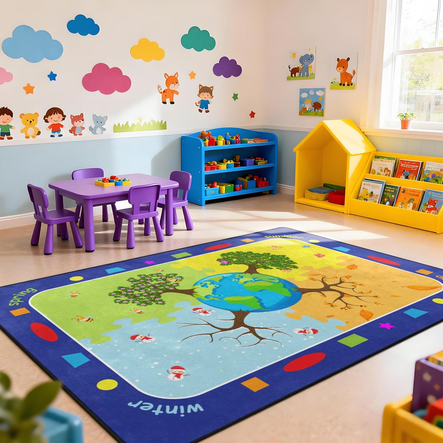 Kids Rugs for Playroom, Trees of the Four Seasons Rugs, Non-Slip Soft Earth&Trees Kids Rug, Earth Day Educational Playmat for Kids Carpet for Preschool Elementary Classroom -5' x 7' Blue
