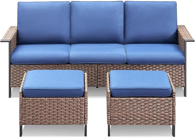 3 Pieces Patio Furniture Sofa Set-Outdoor Wicker Patio Furniture Covered Couch with Multifunctional Ottoman and High Back Outdoor Patio Conversation Set for Backyard Porch Garden Brown/Blue