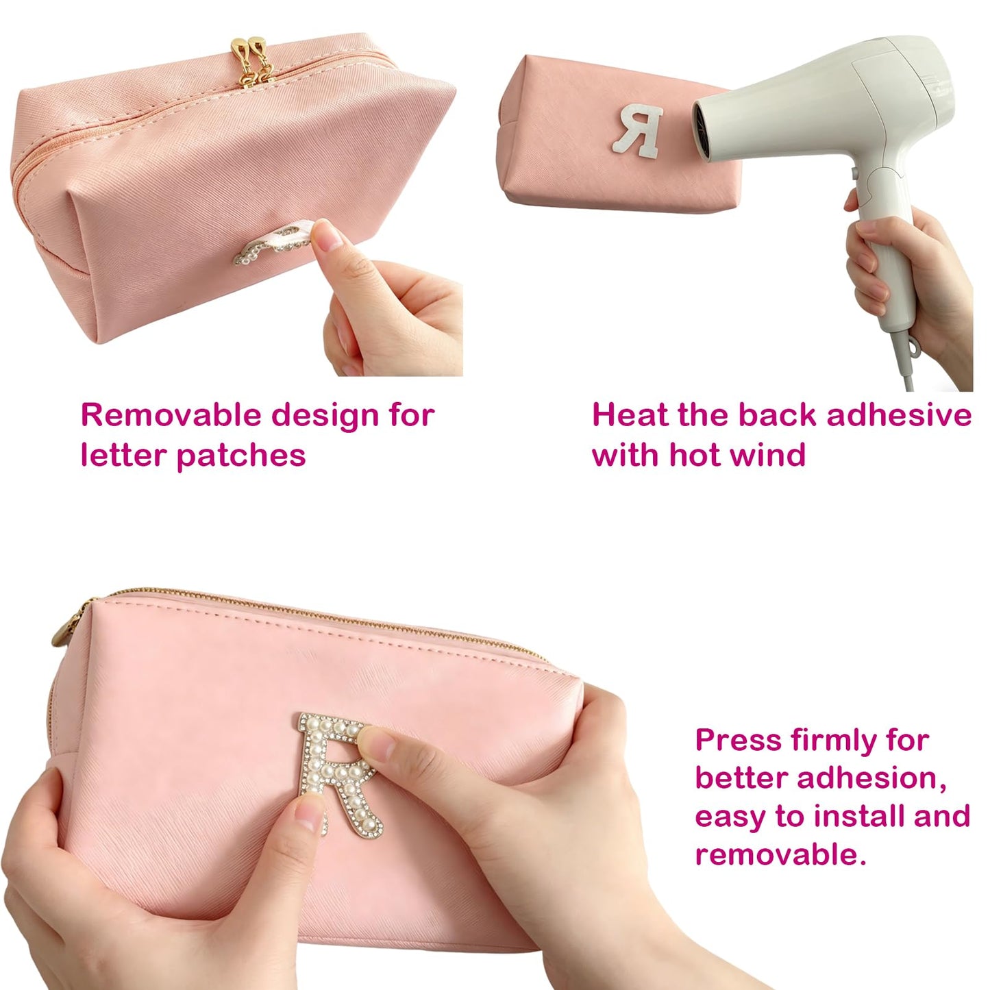 VENCELIN Initial G Pearl Makeup Bag 3Piece, PU Leather Travel Toiletry Pouch, Large Medium Small Portable Organizer for Business Trip Teen Girls