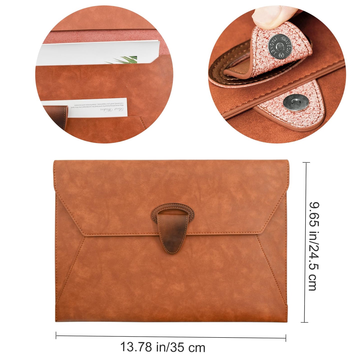 VANRA PU Leather File Folder Document Organizer Holder Waterproof Filing Envelope Case with 2 Pockets, A4 Portfolio Folder with Magnetic Snap Button Closure (Brown)