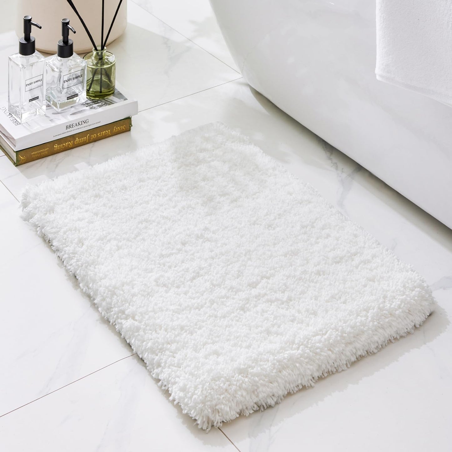 Ruggnovea Bathroom Rugs Non Slip Washable 36x24, Ultra Thick Soft Microfiber Absorbent Bath Mats, High Density Foam Latex Non Slip Backing Bath Rugs, Fluffy Floor Carpet for Tub&Shower, White