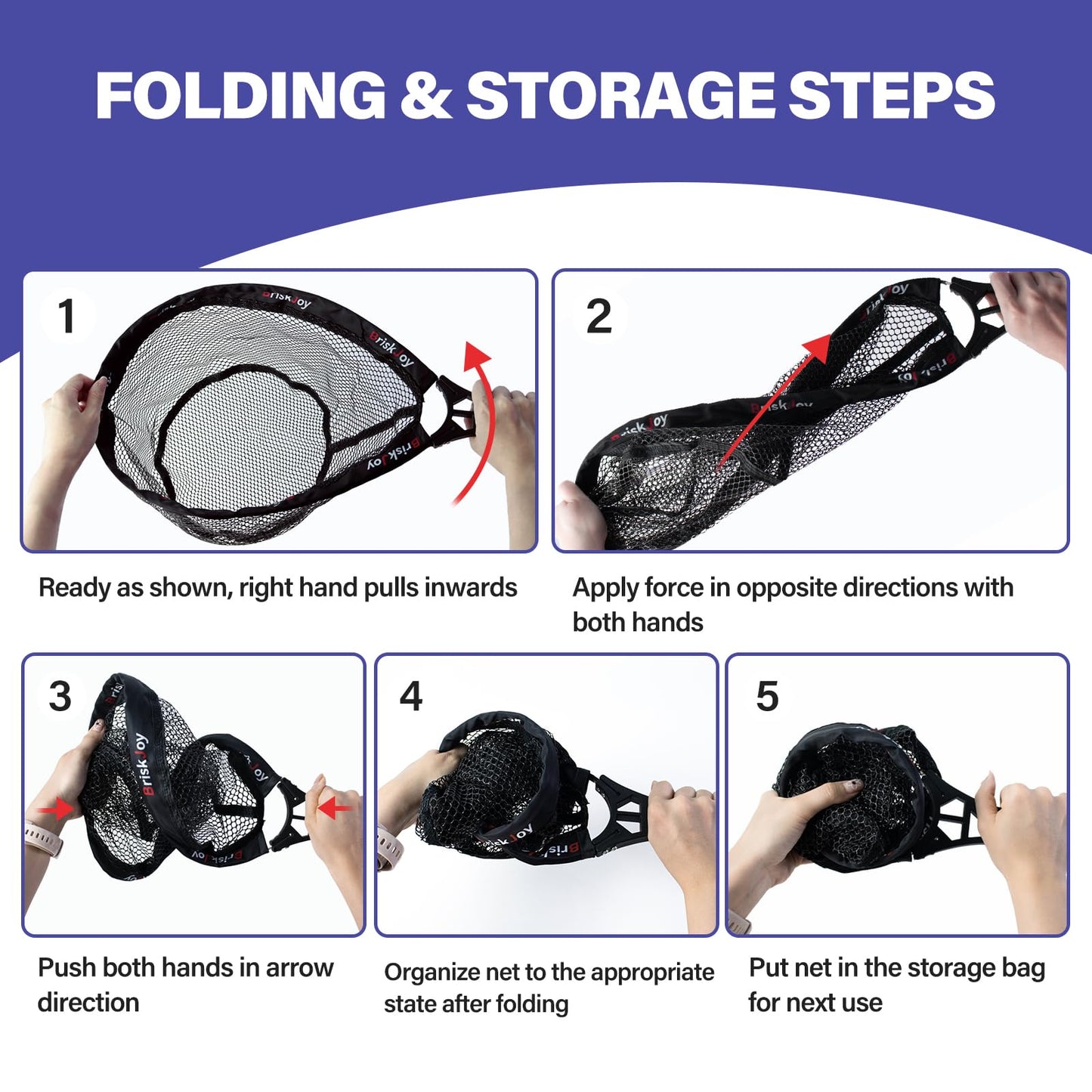 BriskJoy Fly Fishing Net β Foldable Trout Net for Tenkara, Kayak & Wading, Ultralight Hiking & Backpacking Landing Net with Rubber Coated Mesh for Catch and Release, Includes Storage Bag & Lanyard