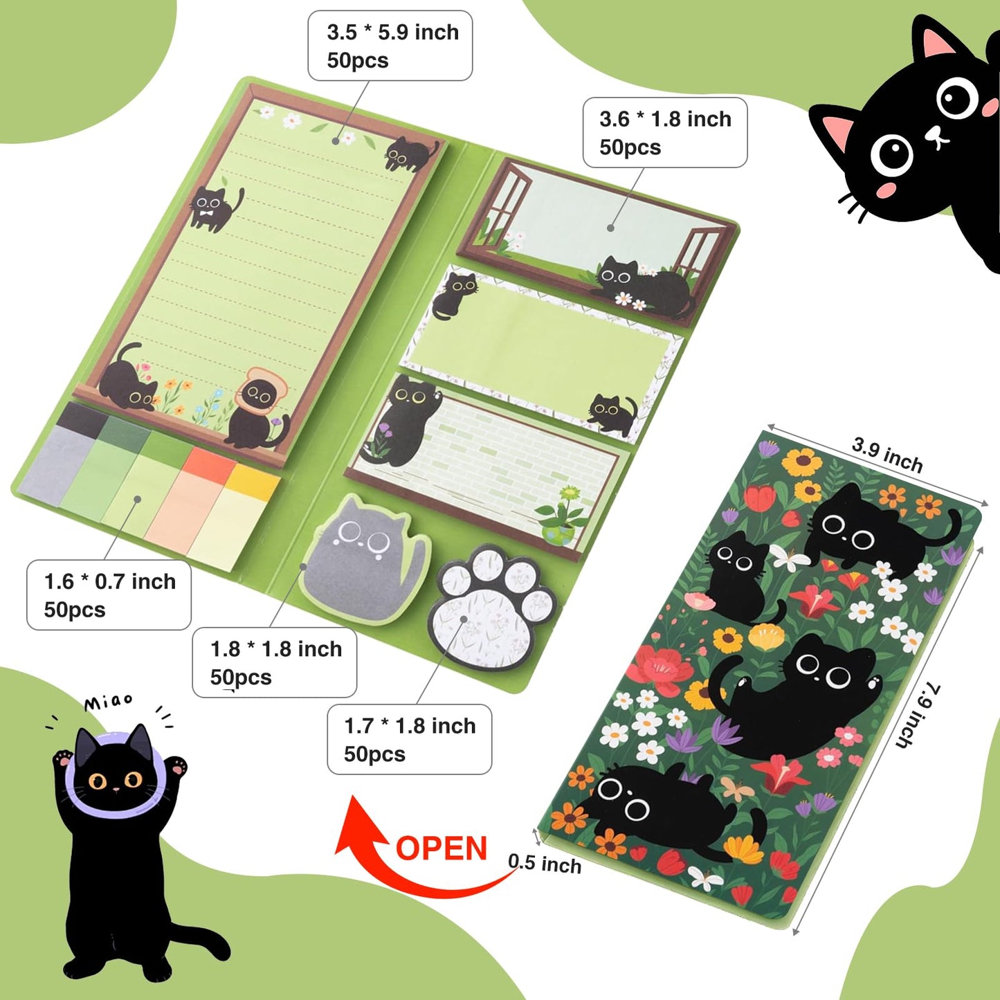 SUMMERGIFTS 6 Pcs Cat Stationery Set Pens Sticky Notes A5 Spiral Notebooks Makeup Bag Pencil Pouch for Girls Women Cute Cat Lovers Christmas Birthday Gifts School & Office Supplies (Cat Floral)