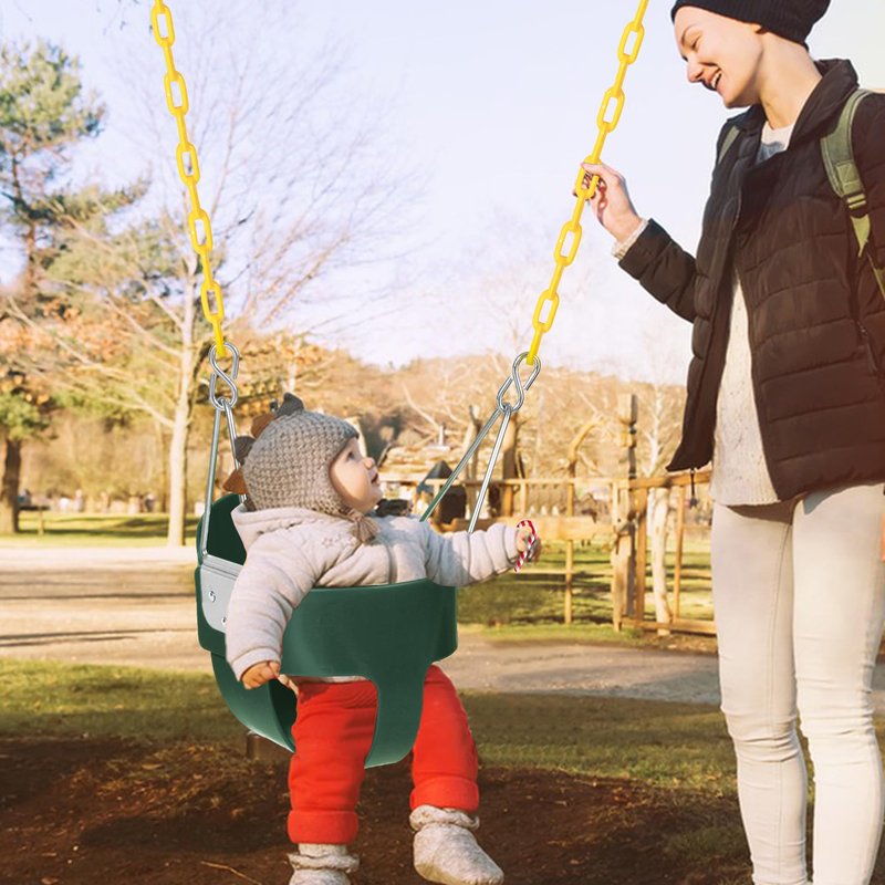 Toddler Swing Seat with Coated Chains, Heavy Duty Kids High Back Bucket Swings with Tree Straps and Hooks for Outdoor, Playground, Backyard, Swing Set Accessories by Domaker, Green