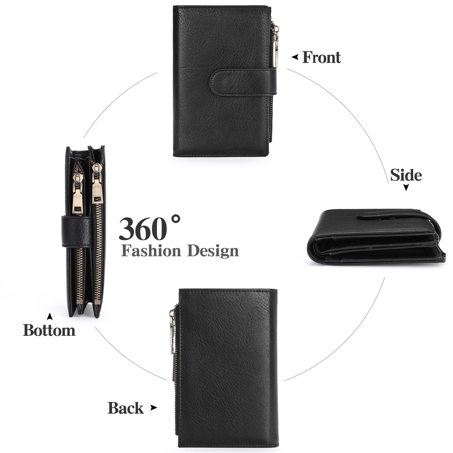 GOIACII Womens Wallets RFID Blocking Leather Trifold Clutch Wallet Credit Card Holder Ladies Purse 3 ID Windows Black